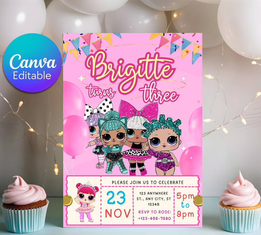 Little Doll Birthday Invitation| Lola Kid Invitation| Pink Doll Party Invitation| Little Pink Doll Birthday Invitations| Editable Template