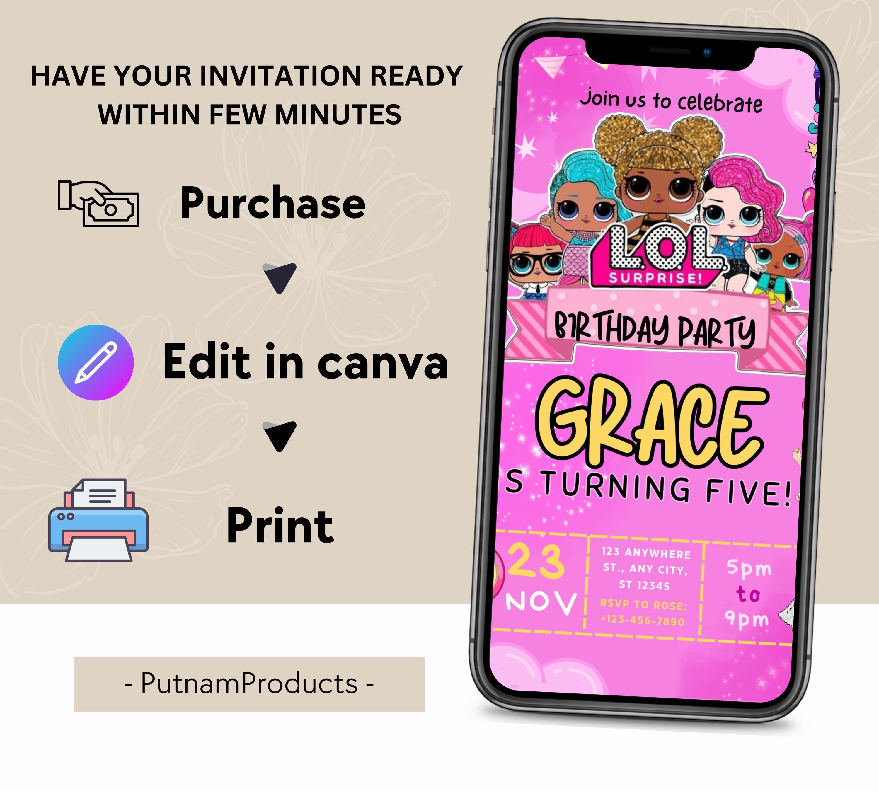 Little Doll Birthday Invitation| Little Pink Doll Birthday Invitation| Doll Birthday Invitation| Kid Birthday Invitation| Editable Template