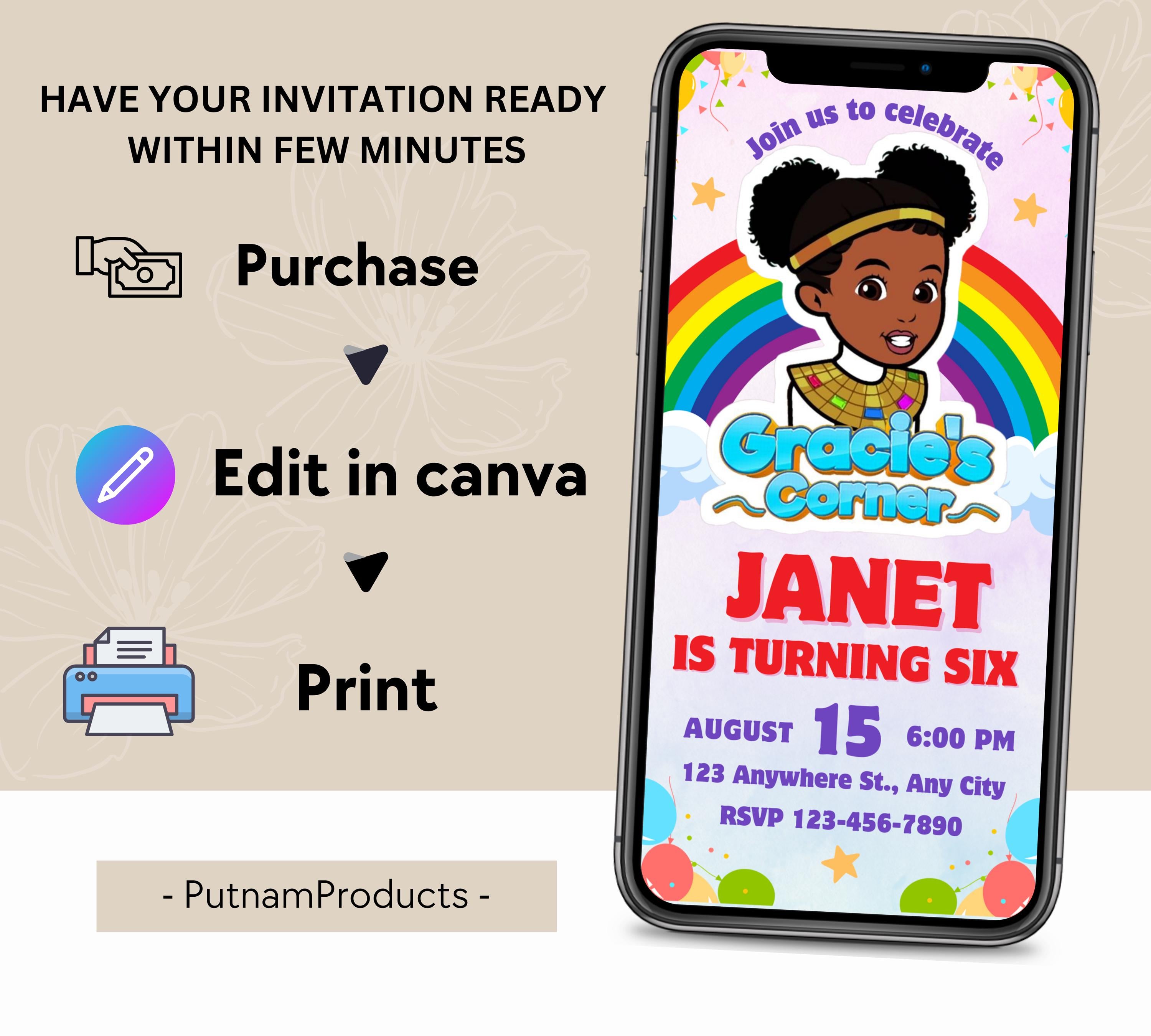 Gracie's Corner Birthday Invitation | Gracie's  Printable Template | Gracies Corner invite |  Corner Birthday Invitation| Editable Template