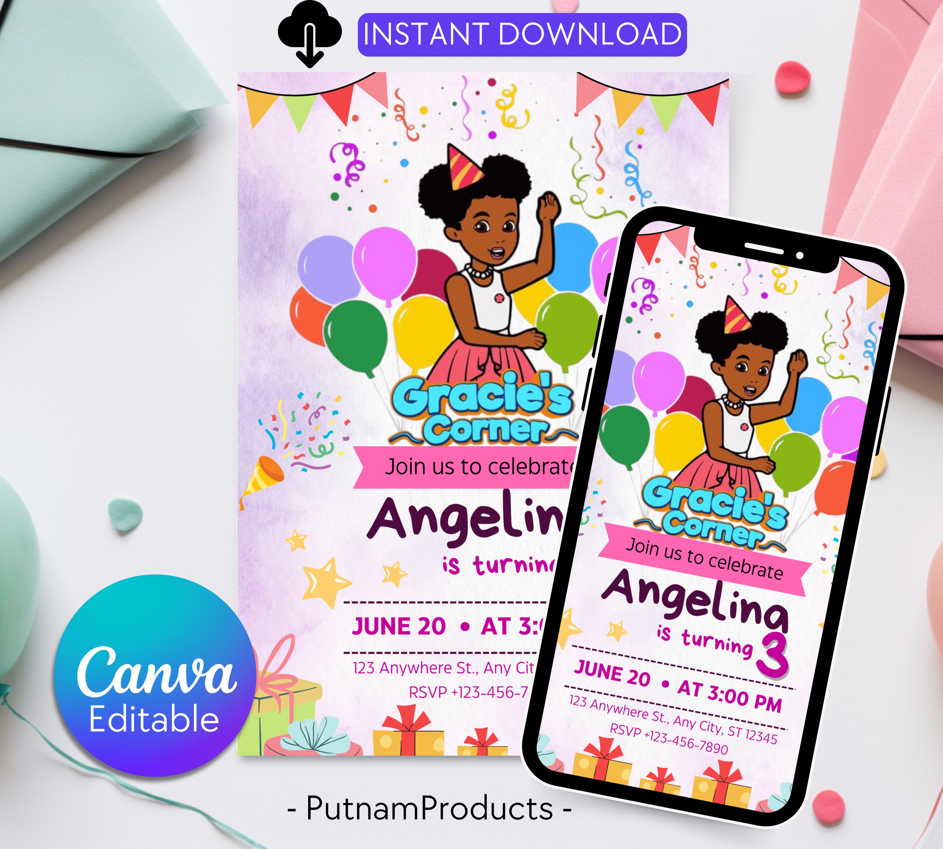 Gracie’s Corner Birthday Invitation| Editable Invitation| Instant Download Evite| Gracies invitation| Bday Party For Girl| Editable Template