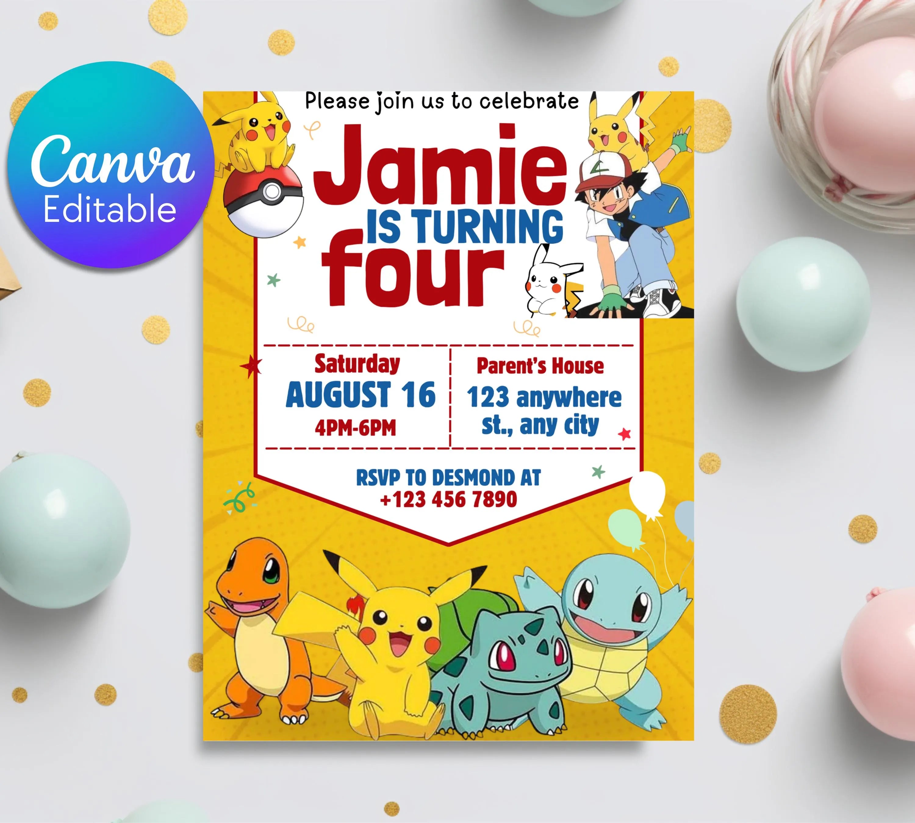 Pokemon Invitation | Editable Invitation | Kids Birthday Invitation | Pokemon Party | Pikachu Card Birthday Boy Invites|  Editable Template