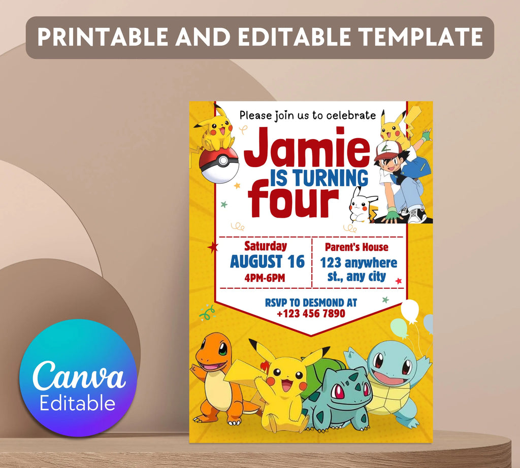 Pokemon Invitation | Editable Invitation | Kids Birthday Invitation | Pokemon Party | Pikachu Card Birthday Boy Invites|  Editable Template