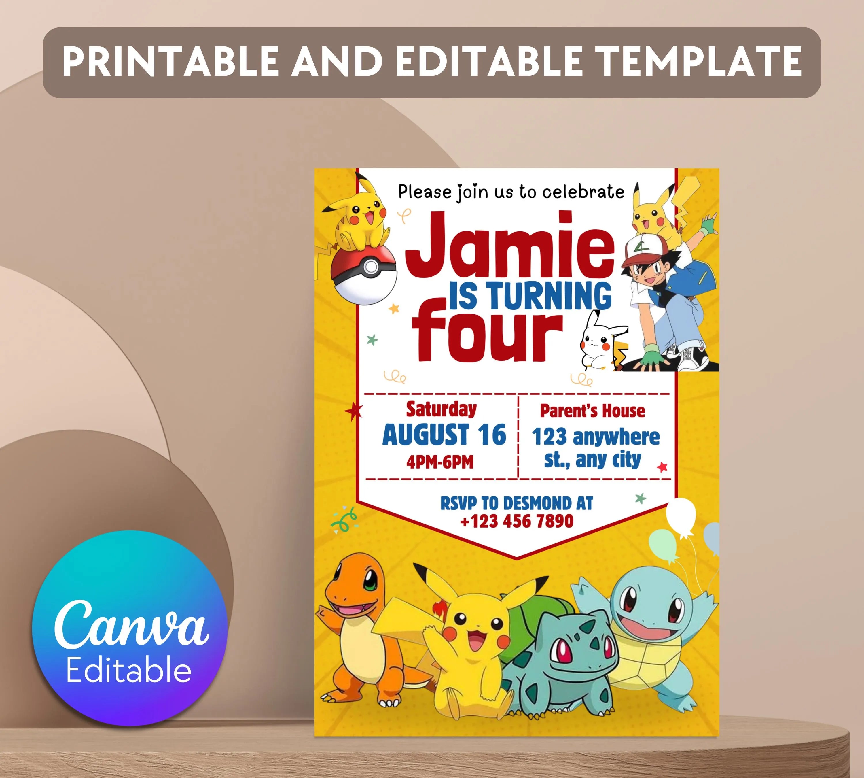 Pokemon Invitation | Editable Invitation | Kids Birthday Invitation | Pokemon Party | Pikachu Card Birthday Boy Invites|  Editable Template