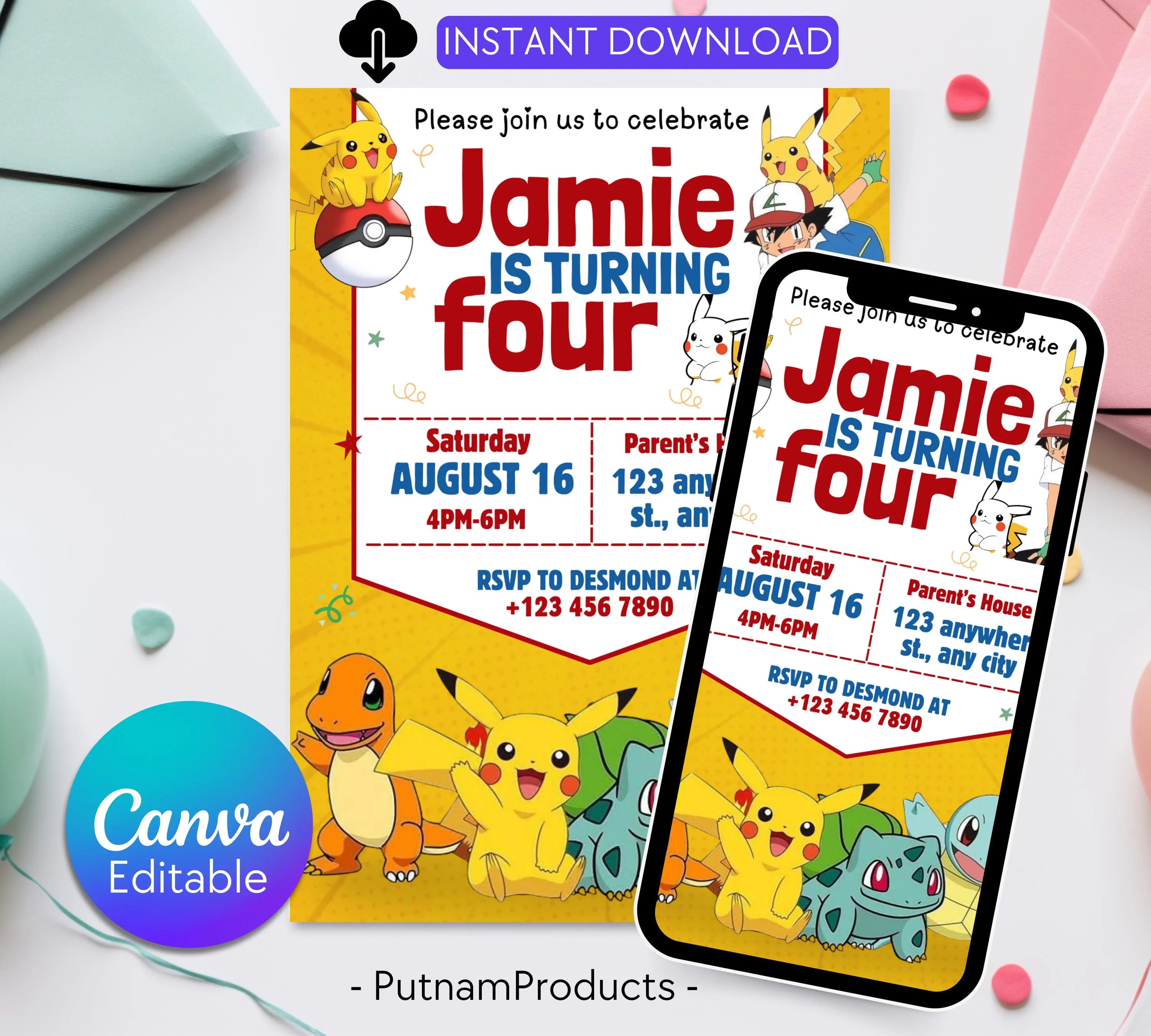 Pokemon Invitation | Editable Invitation | Kids Birthday Invitation | Pokemon Party | Pikachu Card Birthday Boy Invites|  Editable Template