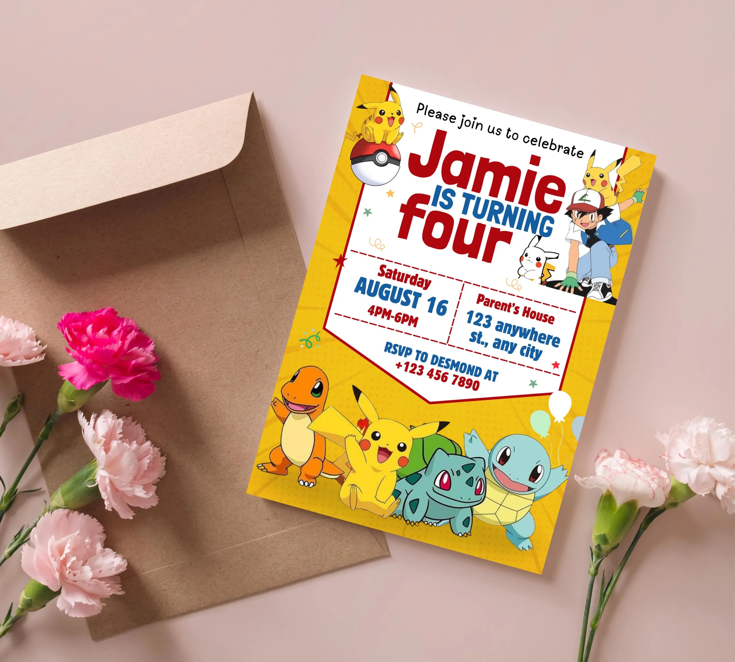 Pokemon Invitation | Editable Invitation | Kids Birthday Invitation | Pokemon Party | Pikachu Card Birthday Boy Invites|  Editable Template
