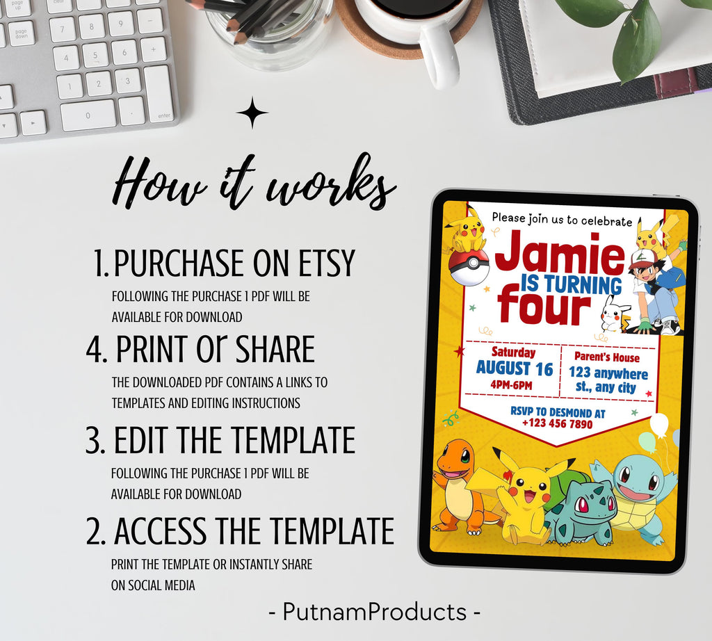 Pokemon Invitation | Editable Invitation | Kids Birthday Invitation | Pokemon Party | Pikachu Card Birthday Boy Invites|  Editable Template