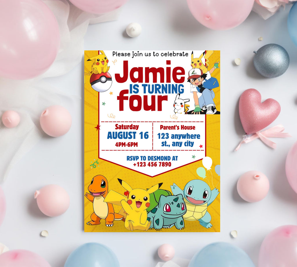 Pokemon Invitation | Editable Invitation | Kids Birthday Invitation | Pokemon Party | Pikachu Card Birthday Boy Invites|  Editable Template