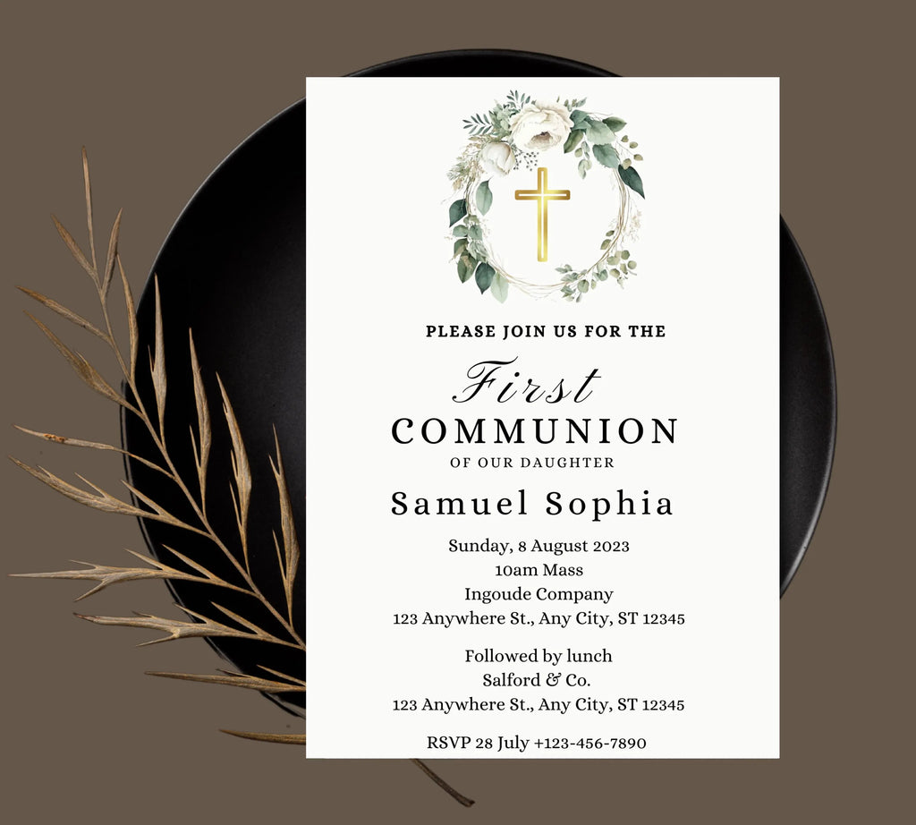 Greenery  First communion invitation, First Holy Communion, Christening Invitation, Baby's Breath Wreath Religious Invite, Religious Cross