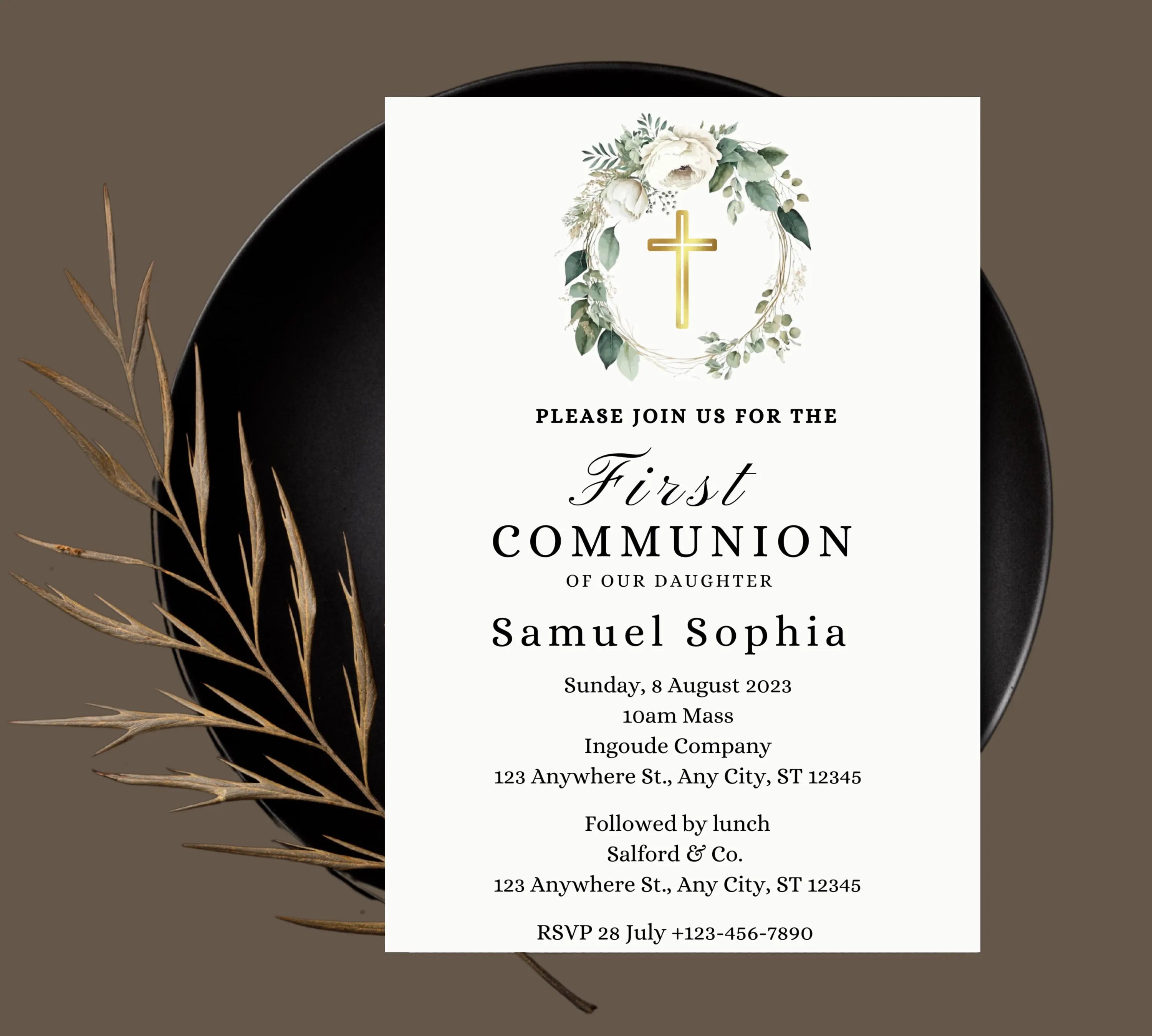 Greenery  First communion invitation, First Holy Communion, Christening Invitation, Baby's Breath Wreath Religious Invite, Religious Cross