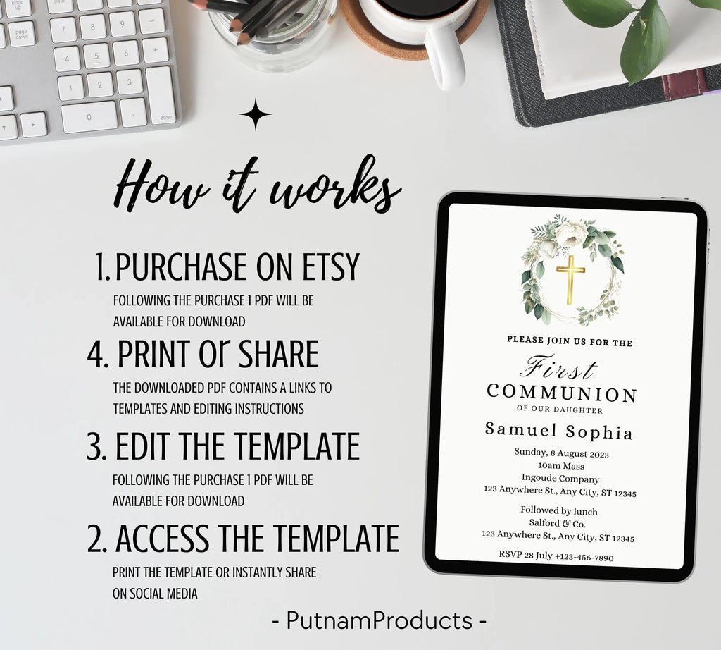 Greenery  First communion invitation, First Holy Communion, Christening Invitation, Baby's Breath Wreath Religious Invite, Religious Cross