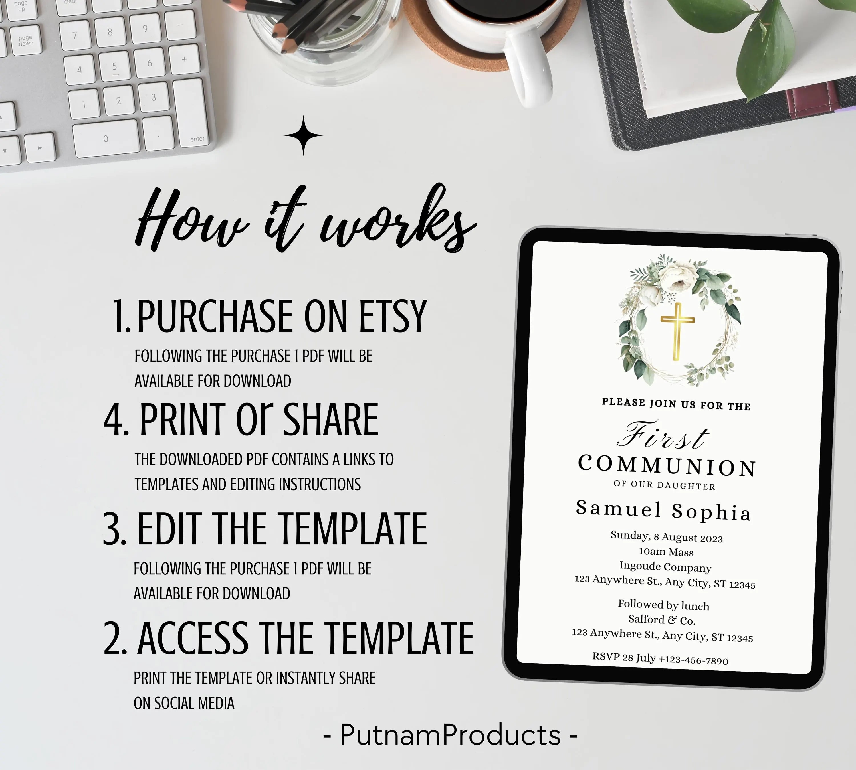 Greenery  First communion invitation, First Holy Communion, Christening Invitation, Baby's Breath Wreath Religious Invite, Religious Cross