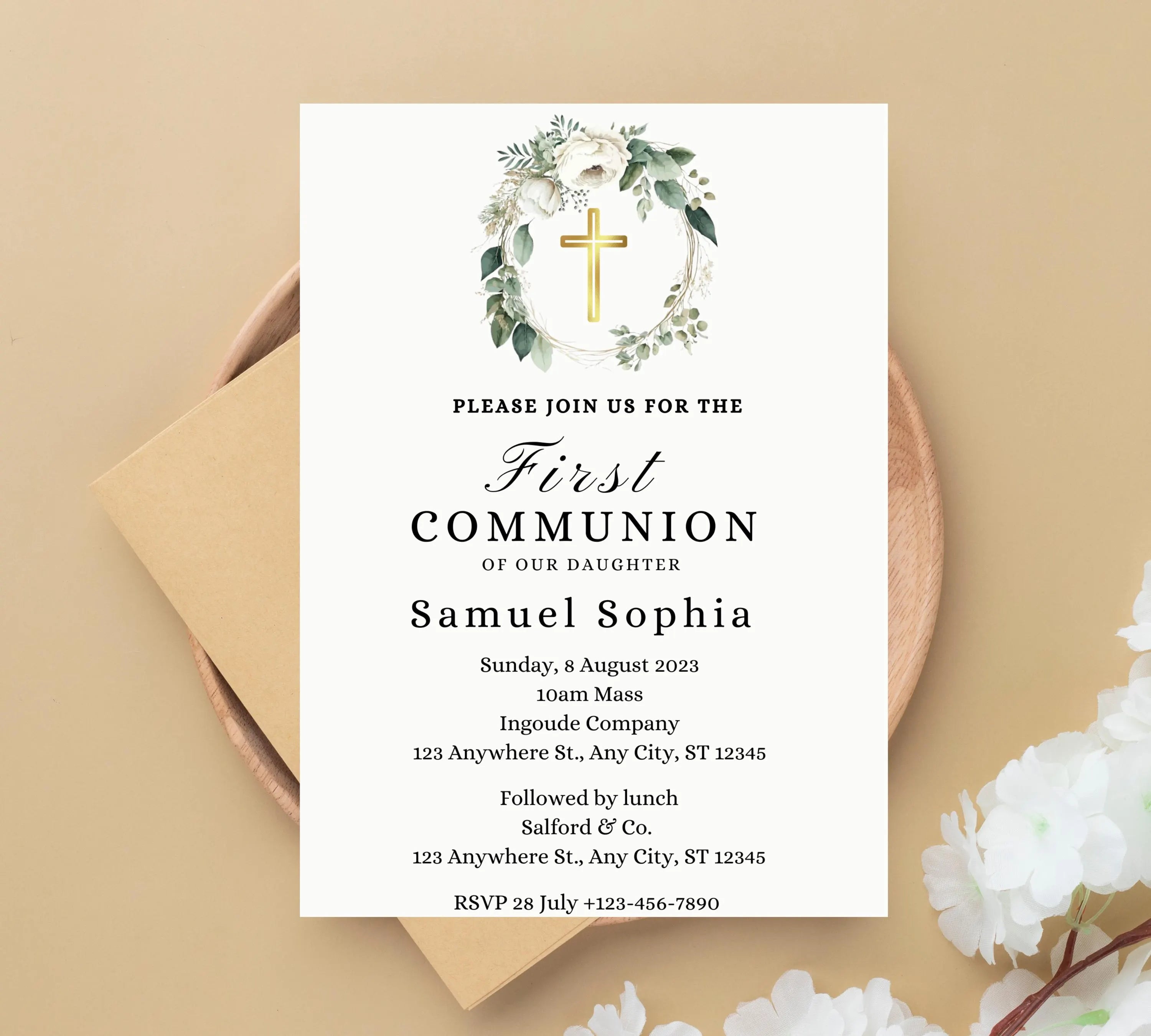 Greenery  First communion invitation, First Holy Communion, Christening Invitation, Baby's Breath Wreath Religious Invite, Religious Cross