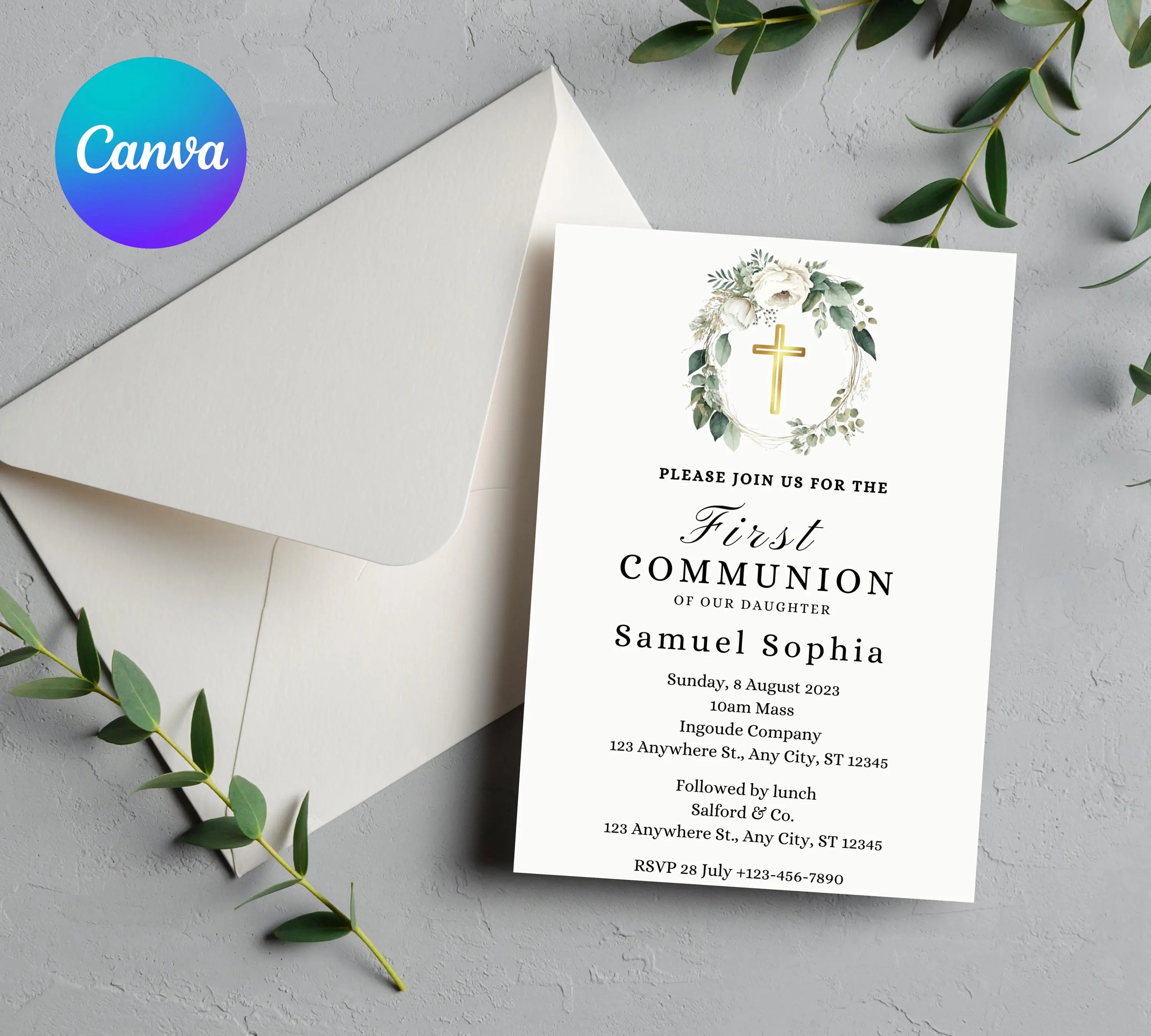 Greenery  First communion invitation, First Holy Communion, Christening Invitation, Baby's Breath Wreath Religious Invite, Religious Cross