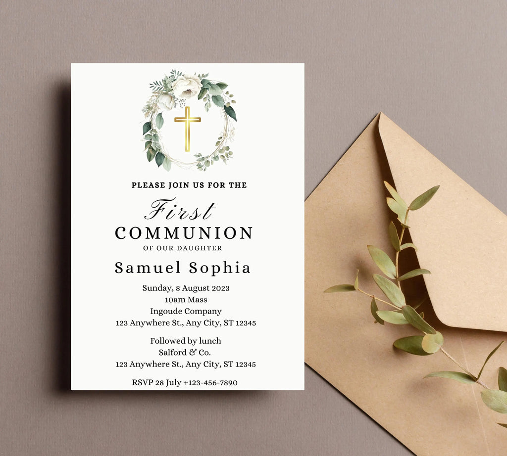 Greenery  First communion invitation, First Holy Communion, Christening Invitation, Baby's Breath Wreath Religious Invite, Religious Cross