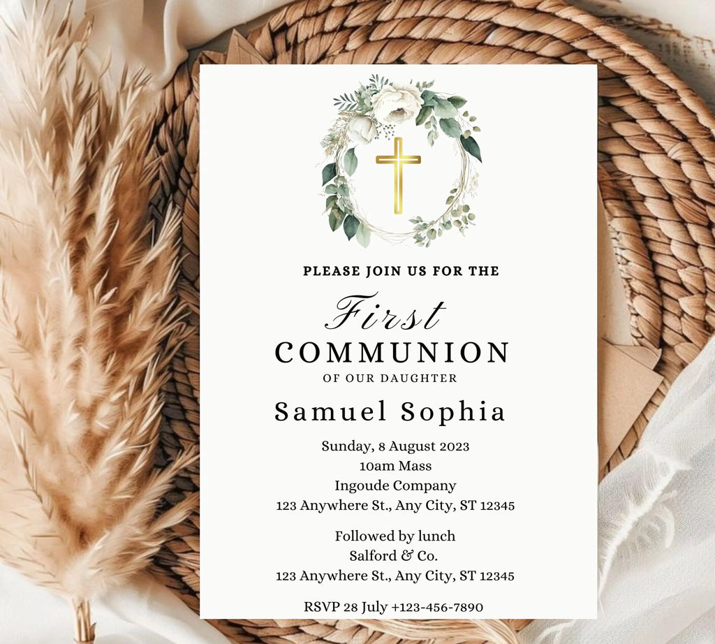 Greenery  First communion invitation, First Holy Communion, Christening Invitation, Baby's Breath Wreath Religious Invite, Religious Cross
