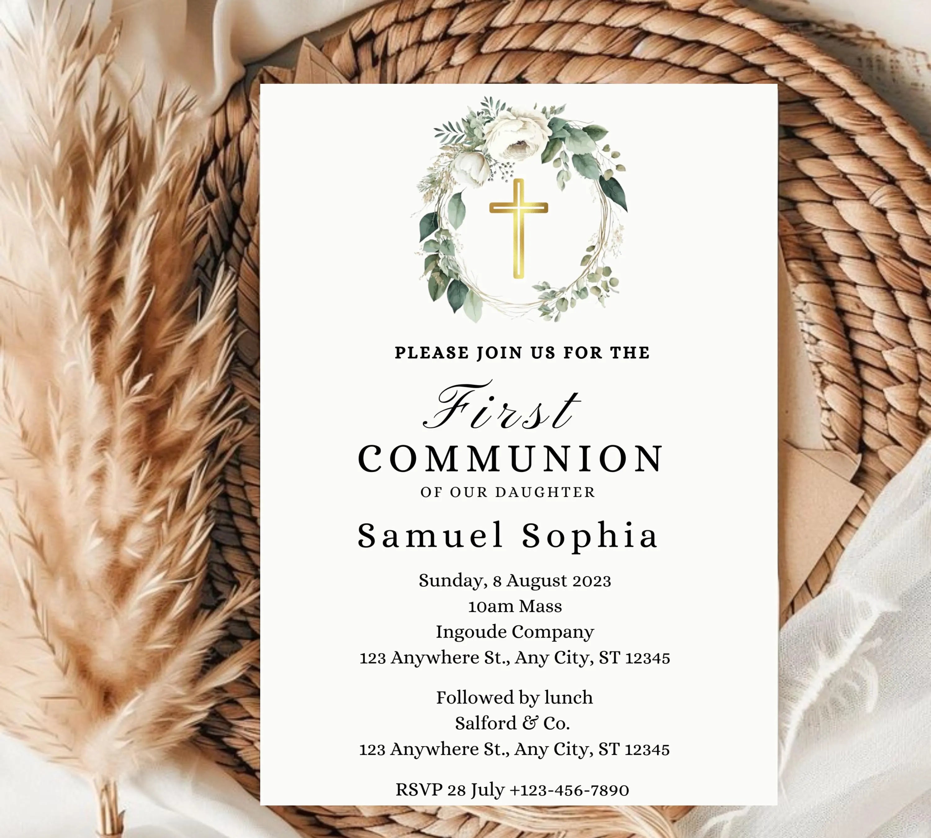 Greenery  First communion invitation, First Holy Communion, Christening Invitation, Baby's Breath Wreath Religious Invite, Religious Cross