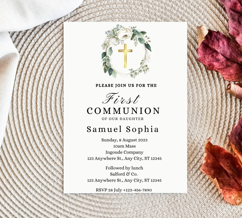 Greenery  First communion invitation, First Holy Communion, Christening Invitation, Baby's Breath Wreath Religious Invite, Religious Cross