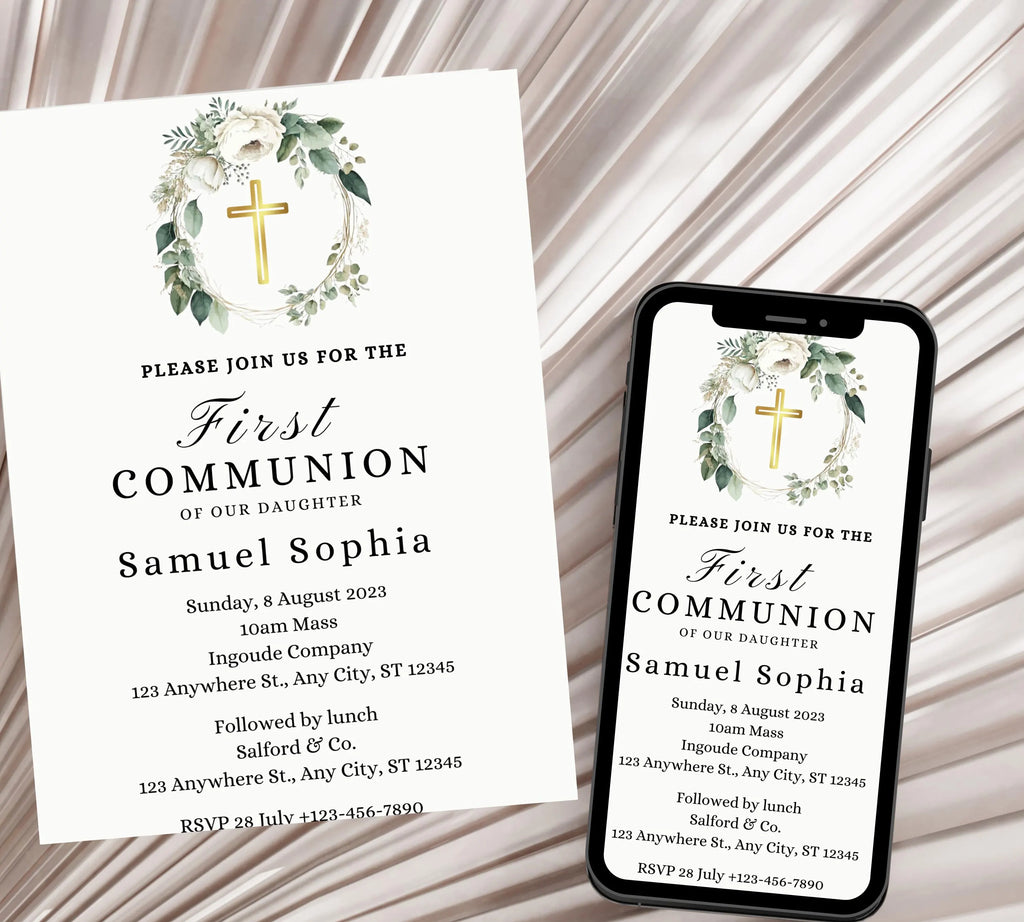 Greenery  First communion invitation, First Holy Communion, Christening Invitation, Baby's Breath Wreath Religious Invite, Religious Cross