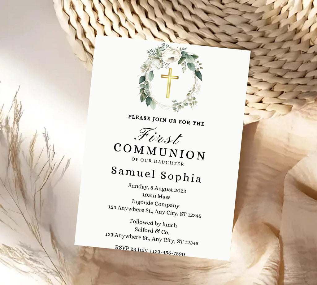 Greenery  First communion invitation, First Holy Communion, Christening Invitation, Baby's Breath Wreath Religious Invite, Religious Cross