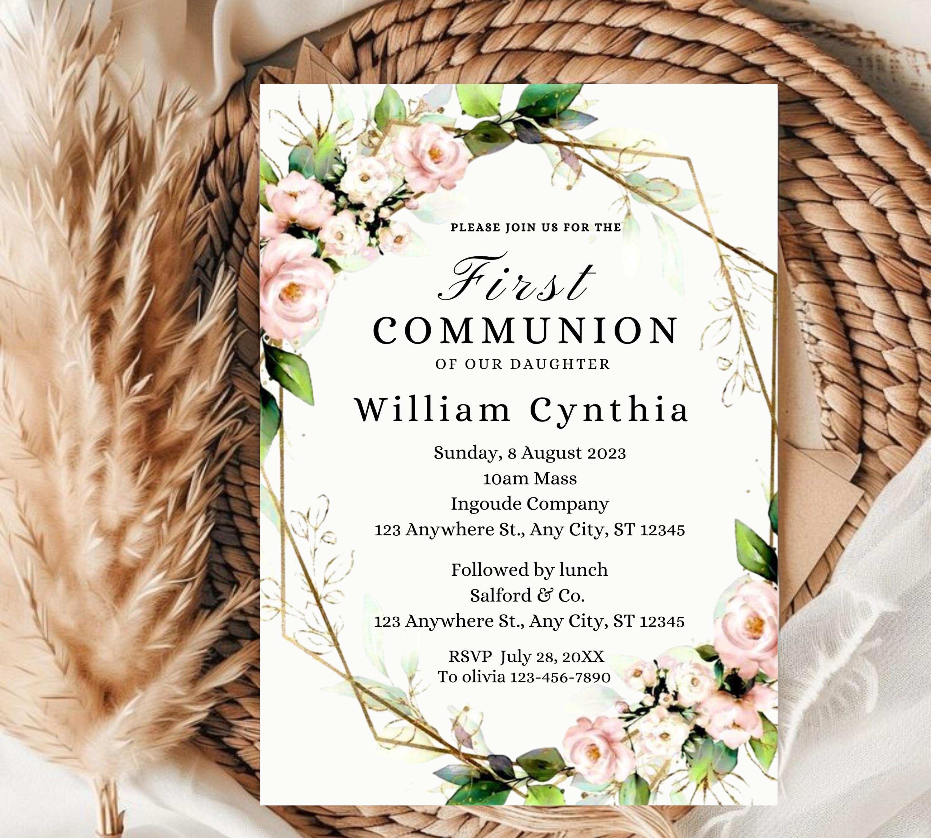 Minimalist Greenery Baptism Invitation Template, Christening Invite, Religious Cross, Printable Baptism, Greenery Baptism Invitation Card