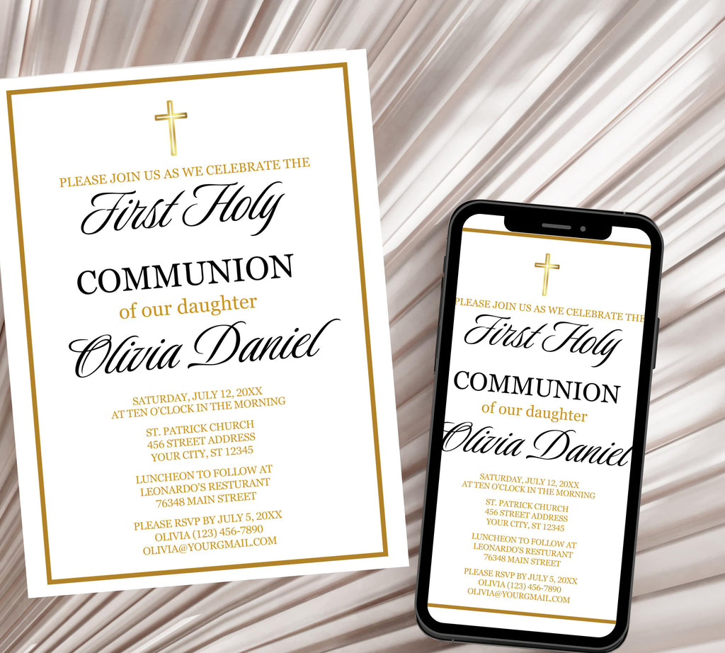 First communion invitation, Christening Invitation, Baby's Breath Wreath Religious Invite,  Baptism Invitation Card, Religious Cross