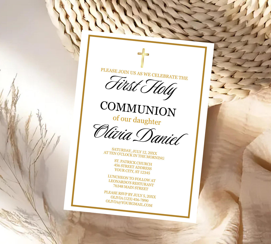 First communion invitation, Christening Invitation, Baby's Breath Wreath Religious Invite,  Baptism Invitation Card, Religious Cross