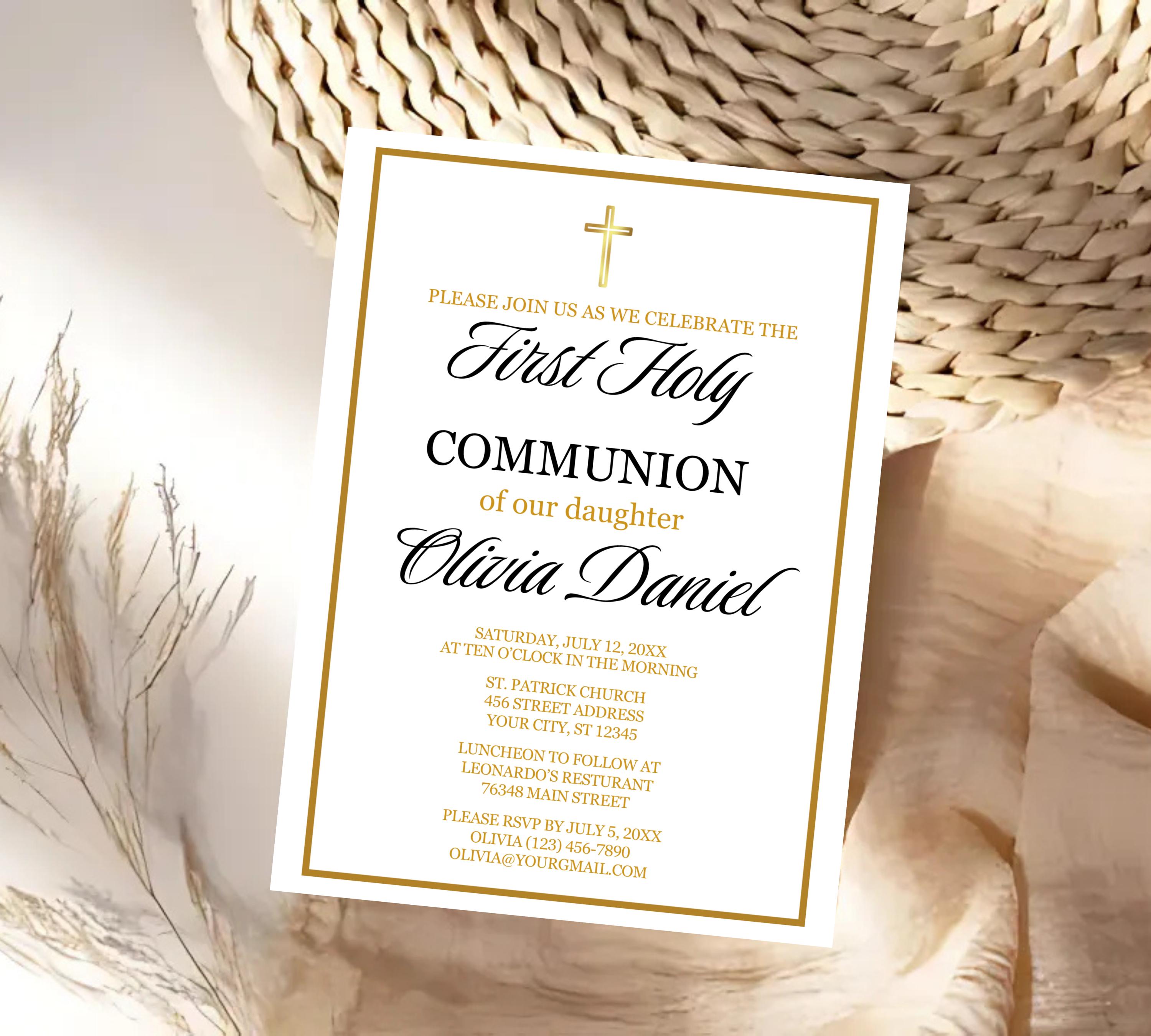 First communion invitation, Christening Invitation, Baby's Breath Wreath Religious Invite,  Baptism Invitation Card, Religious Cross