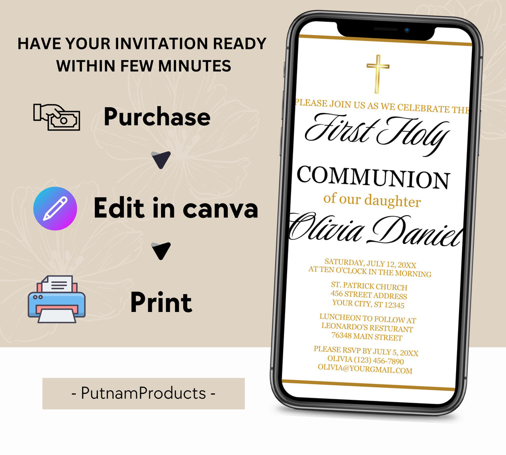 First communion invitation, Christening Invitation, Baby's Breath Wreath Religious Invite,  Baptism Invitation Card, Religious Cross