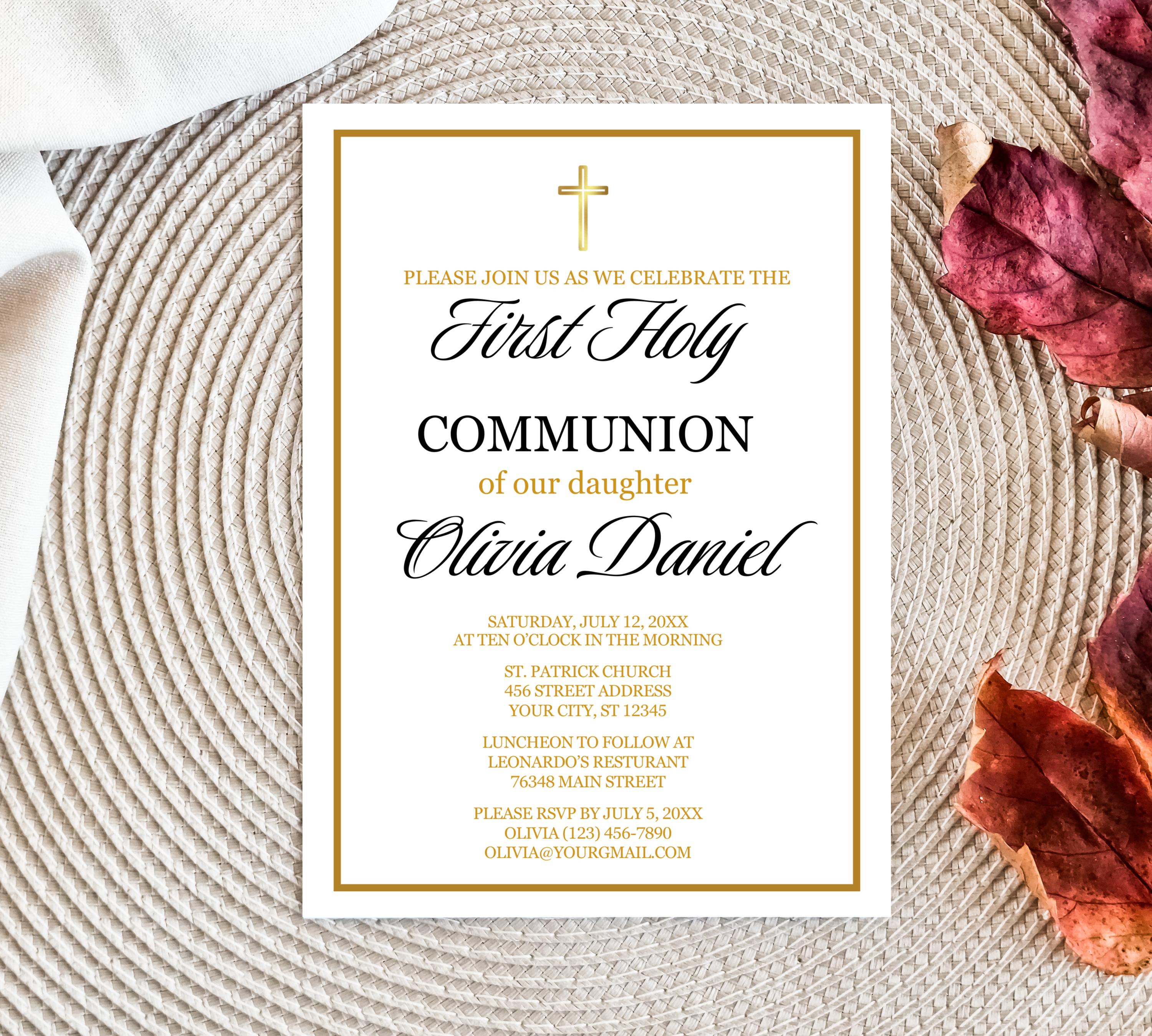 First communion invitation, Christening Invitation, Baby's Breath Wreath Religious Invite,  Baptism Invitation Card, Religious Cross