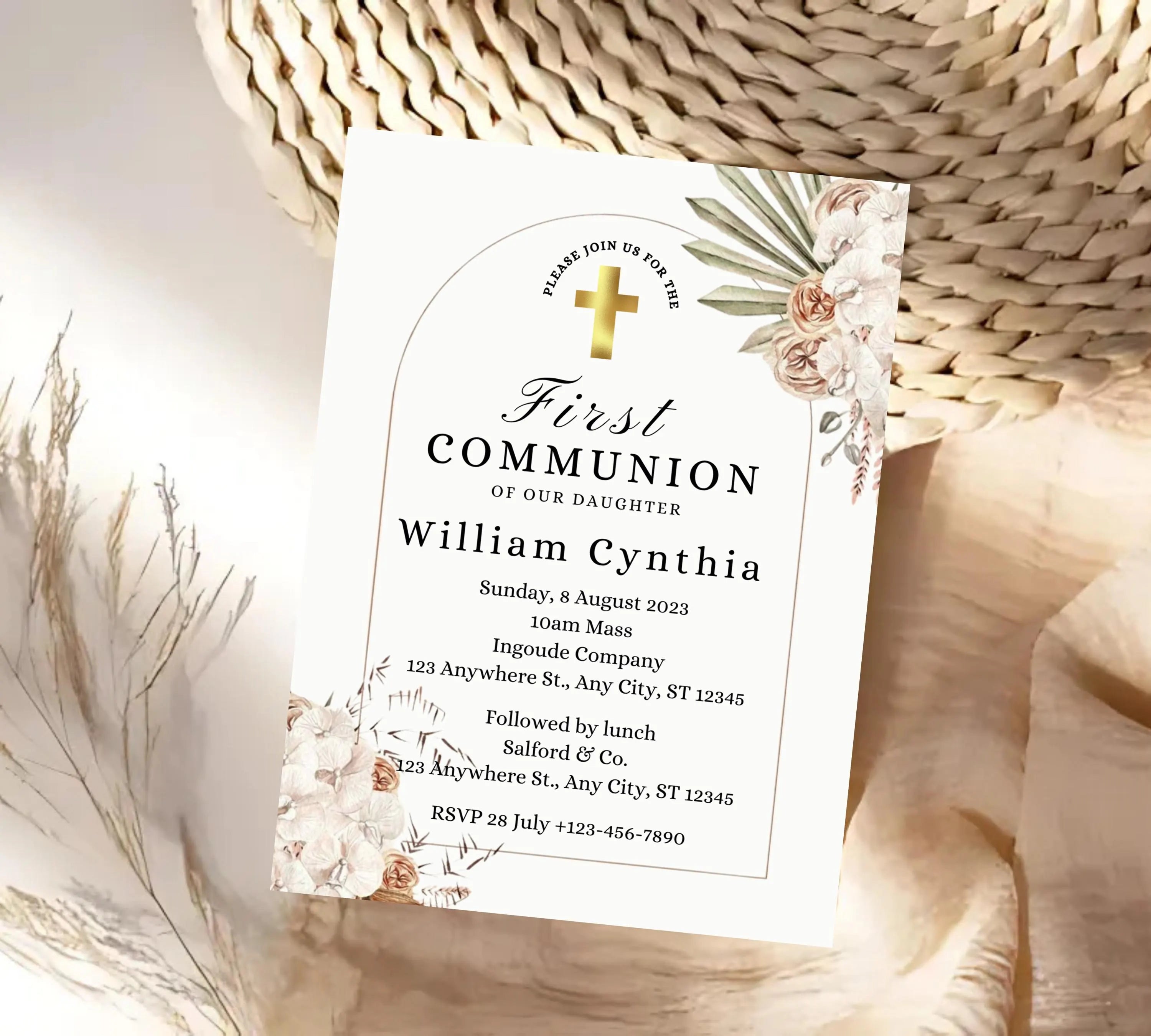 boho First communion invitation, First Holy Communion Invitation Template, Christening Invite, Religious Cross, Baptism Invitation Card