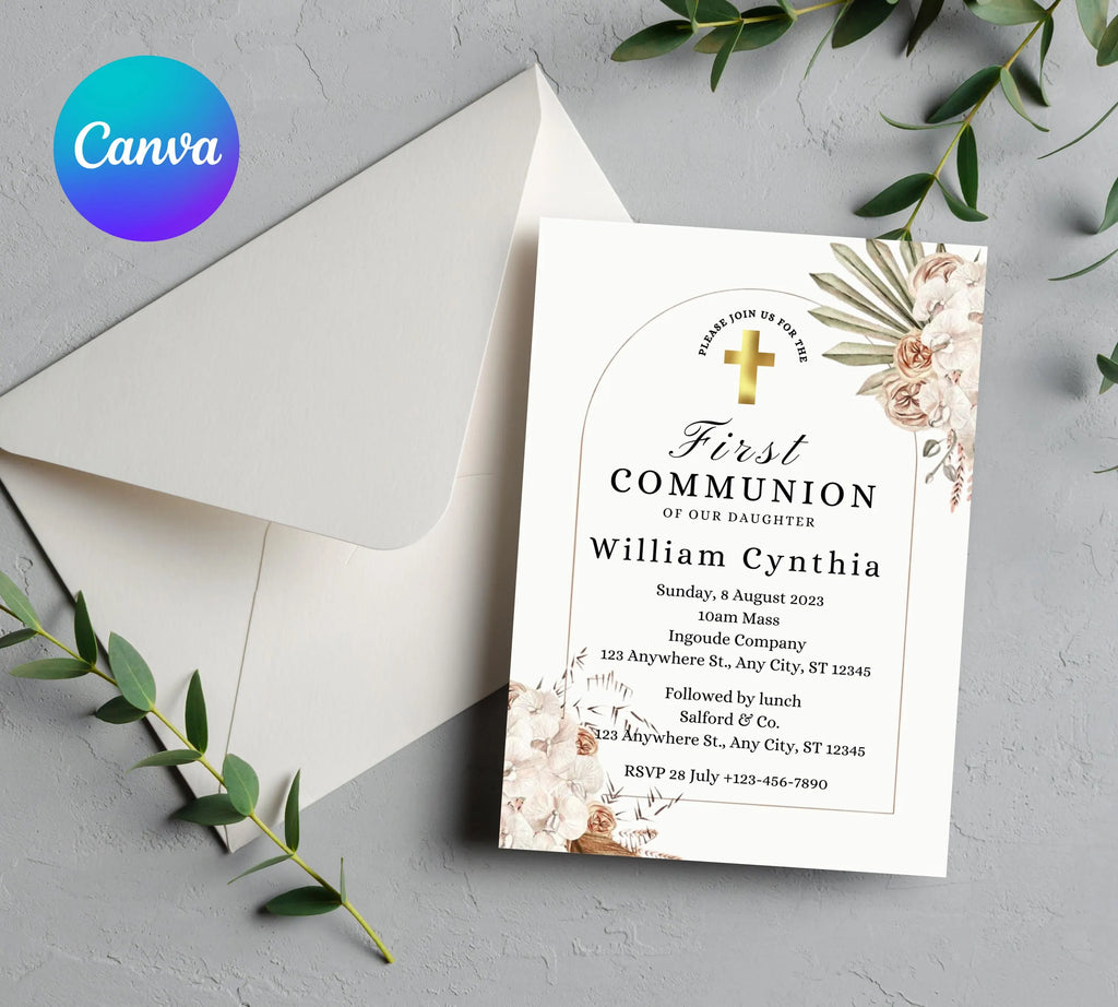boho First communion invitation, First Holy Communion Invitation Template, Christening Invite, Religious Cross, Baptism Invitation Card