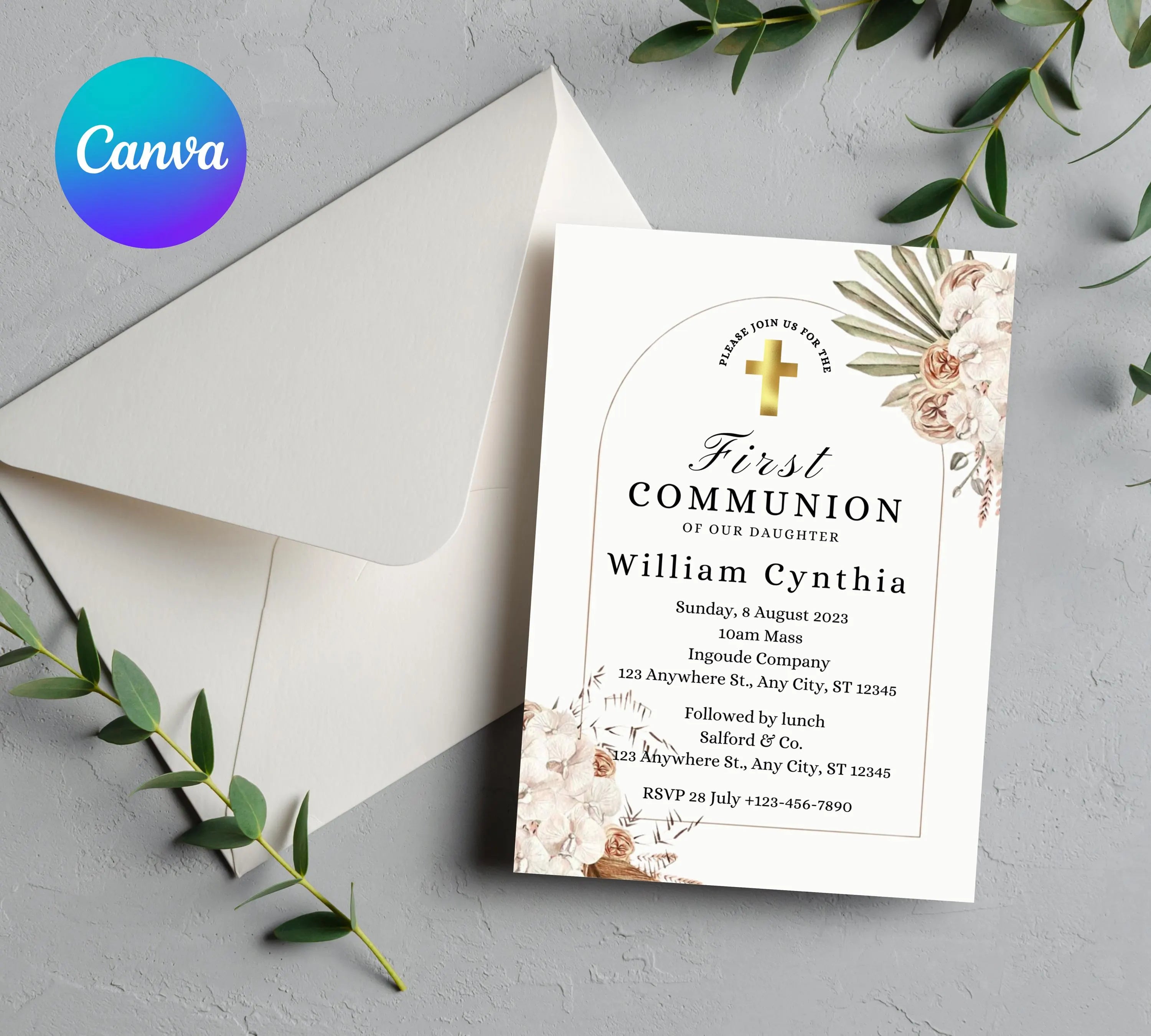 boho First communion invitation, First Holy Communion Invitation Template, Christening Invite, Religious Cross, Baptism Invitation Card