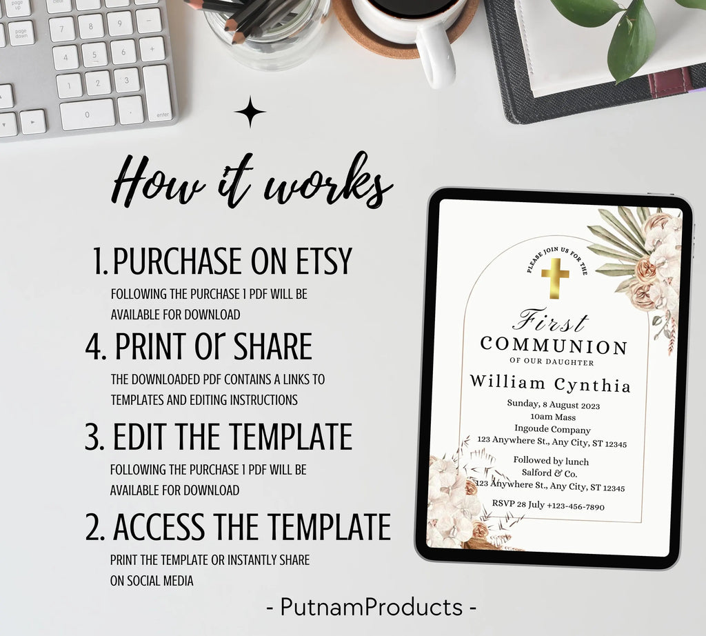 boho First communion invitation, First Holy Communion Invitation Template, Christening Invite, Religious Cross, Baptism Invitation Card