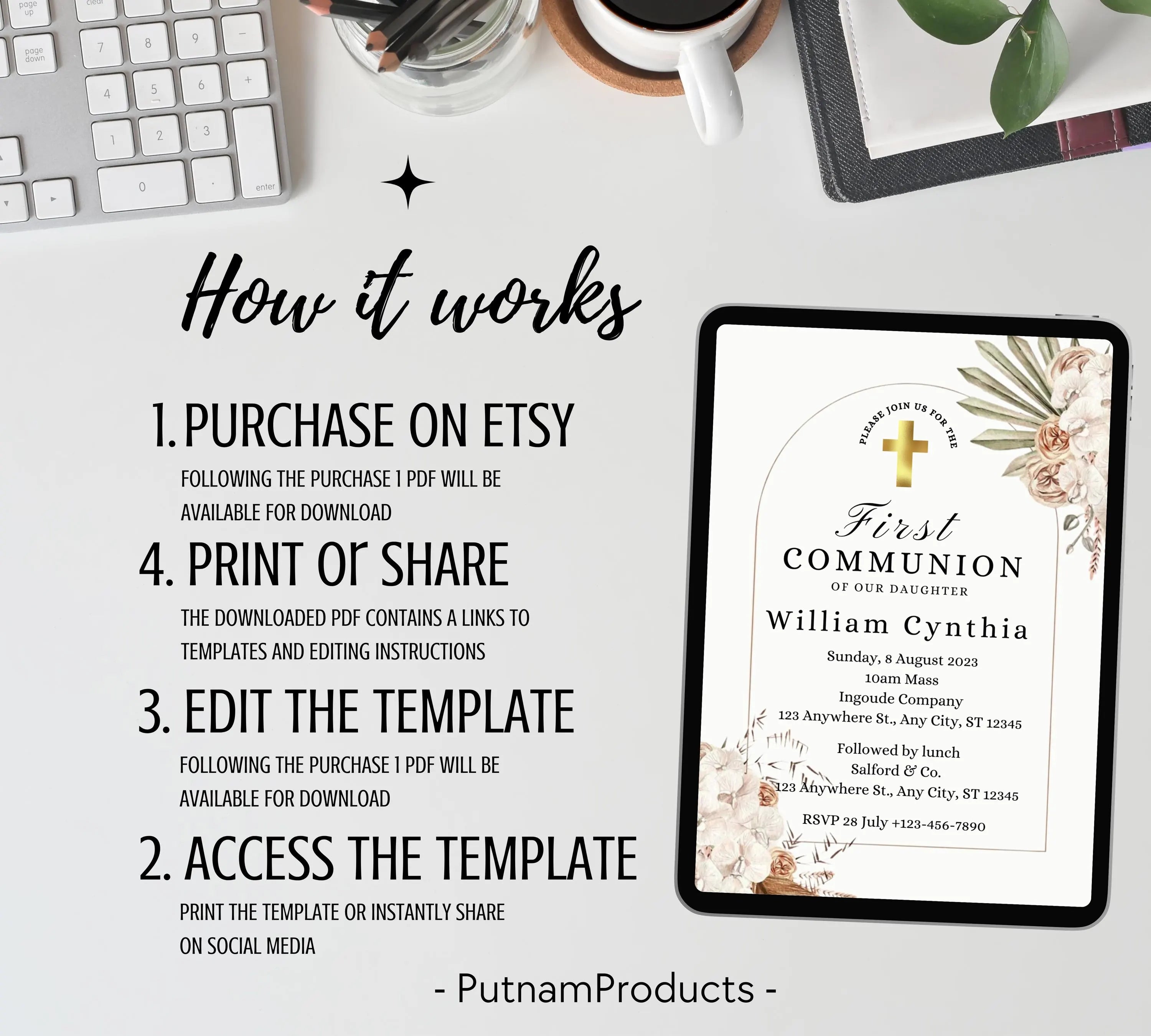 boho First communion invitation, First Holy Communion Invitation Template, Christening Invite, Religious Cross, Baptism Invitation Card