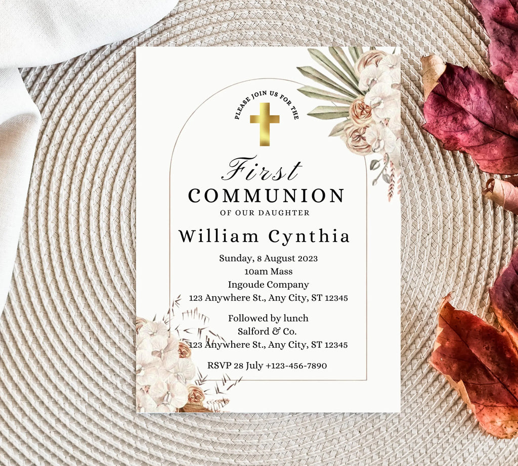 boho First communion invitation, First Holy Communion Invitation Template, Christening Invite, Religious Cross, Baptism Invitation Card