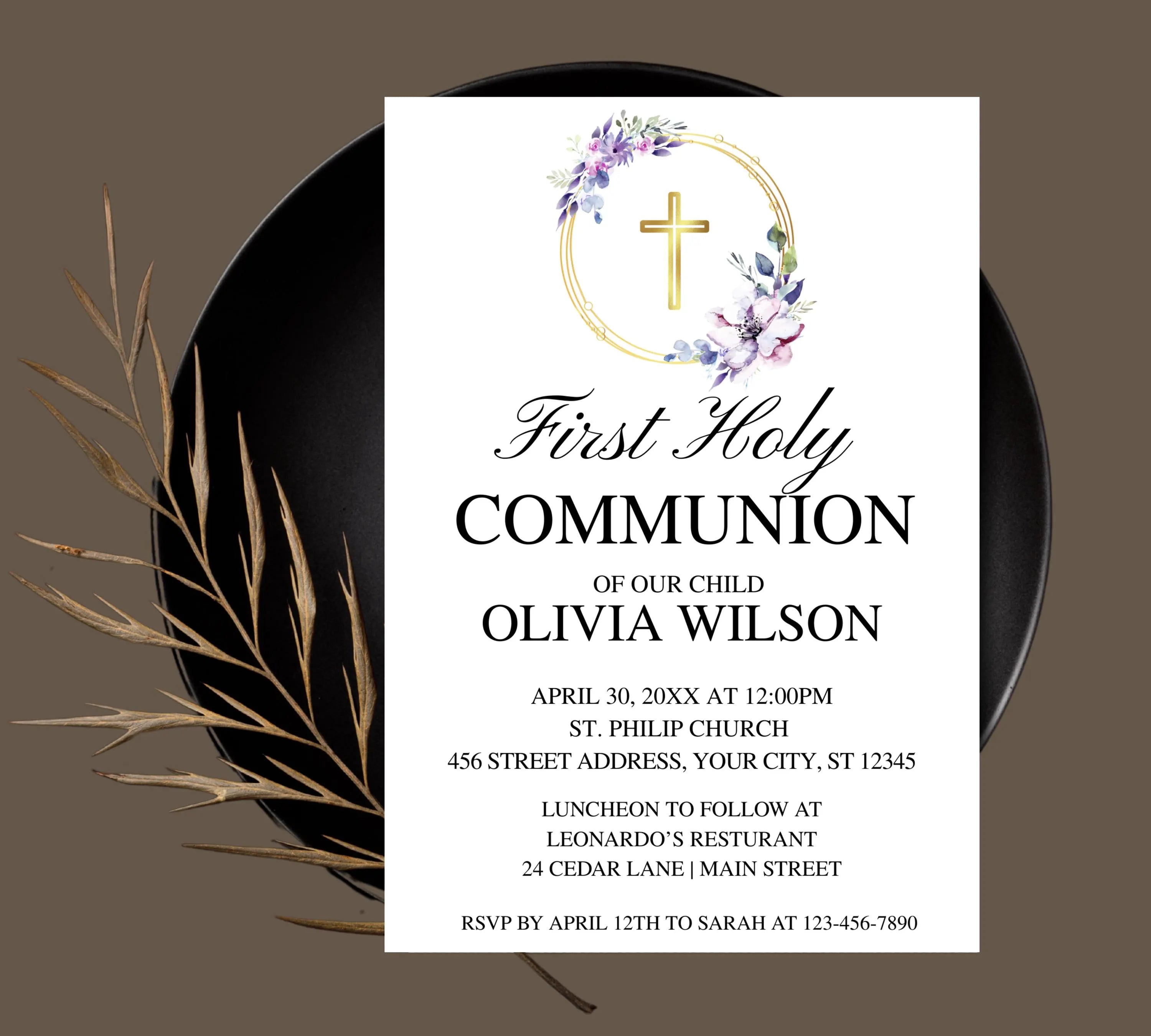 Editable purple First Holy Communion, Minimalist Baptism Invitation, Christening Invite, Religious Cross, Greenery Baptism Invitation