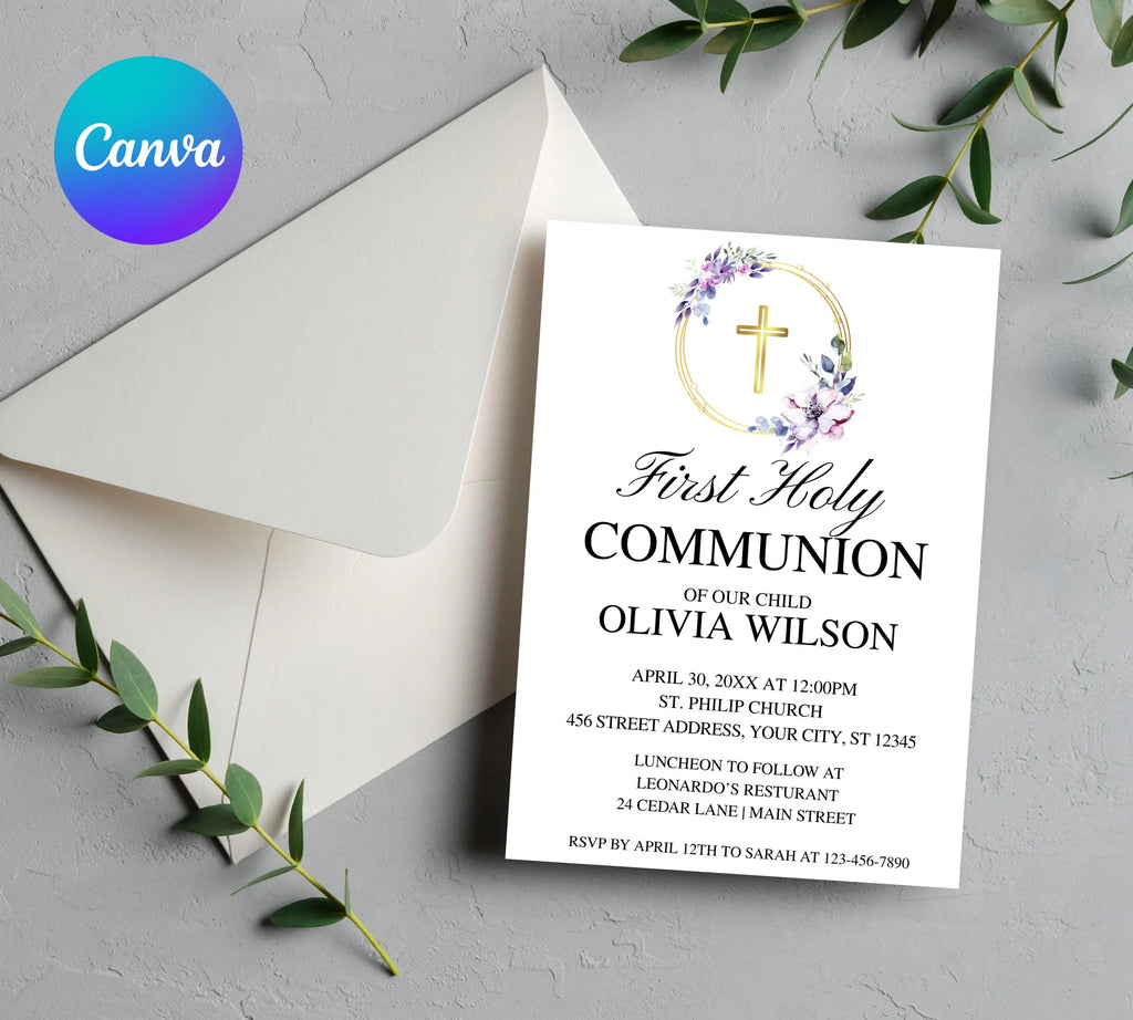 Editable purple First Holy Communion, Minimalist Baptism Invitation, Christening Invite, Religious Cross, Greenery Baptism Invitation