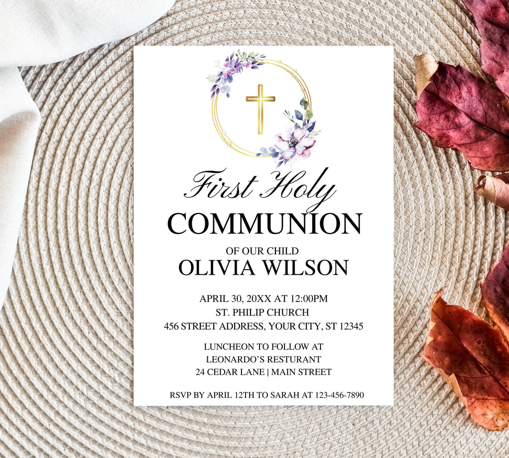 Editable purple First Holy Communion, Minimalist Baptism Invitation, Christening Invite, Religious Cross, Greenery Baptism Invitation