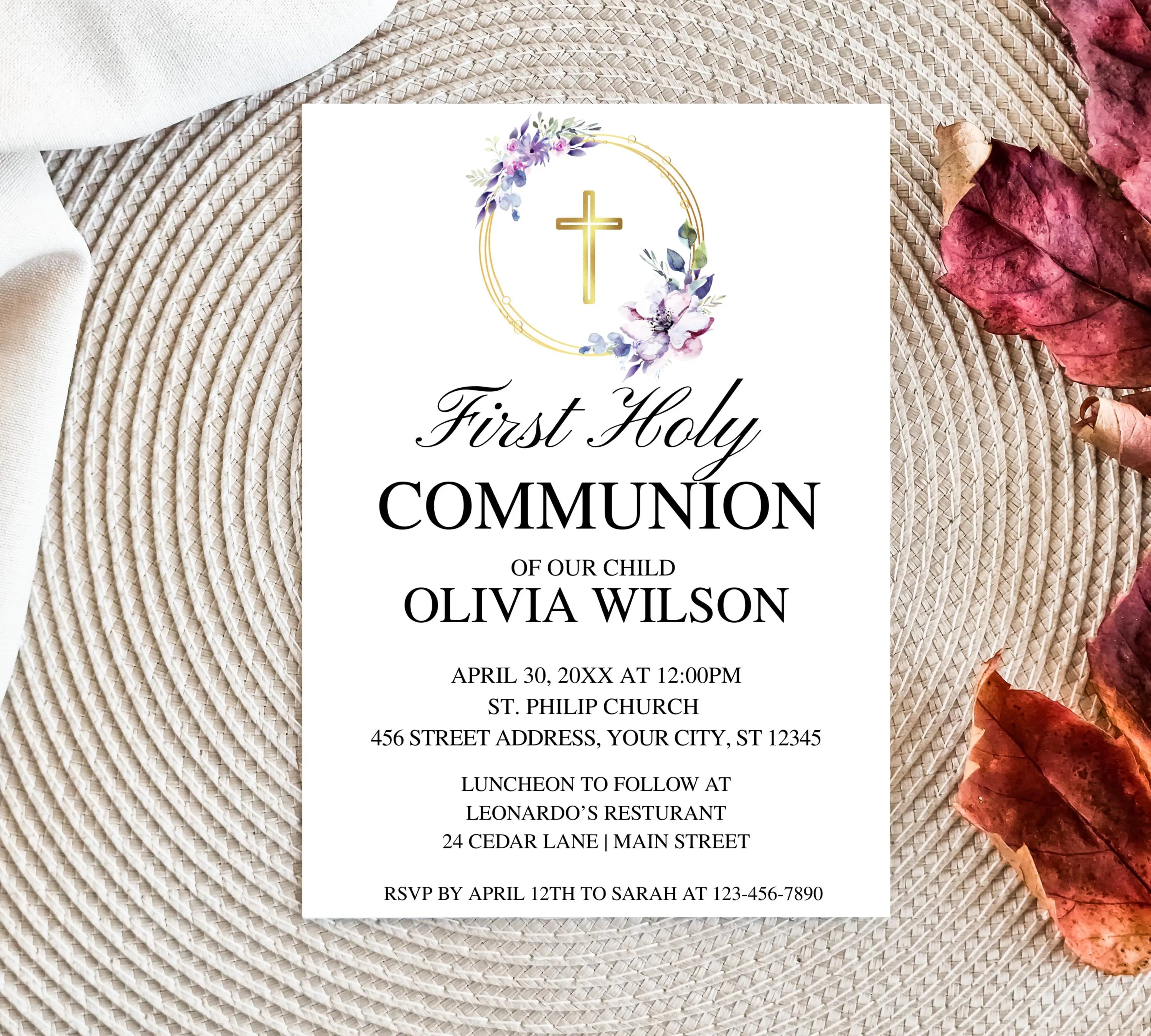 Editable purple First Holy Communion, Minimalist Baptism Invitation, Christening Invite, Religious Cross, Greenery Baptism Invitation