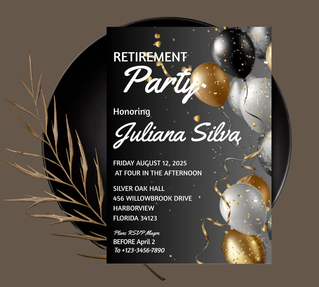 Editable Retirement Party invitation Templates, Elegant gold White Black + Silver Balloons, Retirement Invitation, Work Retire Mens Womens