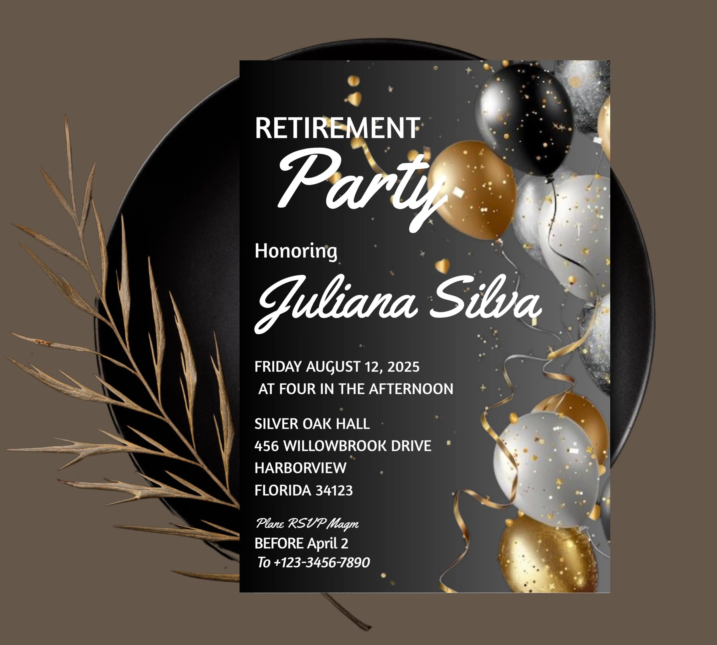Editable Retirement Party invitation Templates, Elegant gold White Black + Silver Balloons, Retirement Invitation, Work Retire Mens Womens