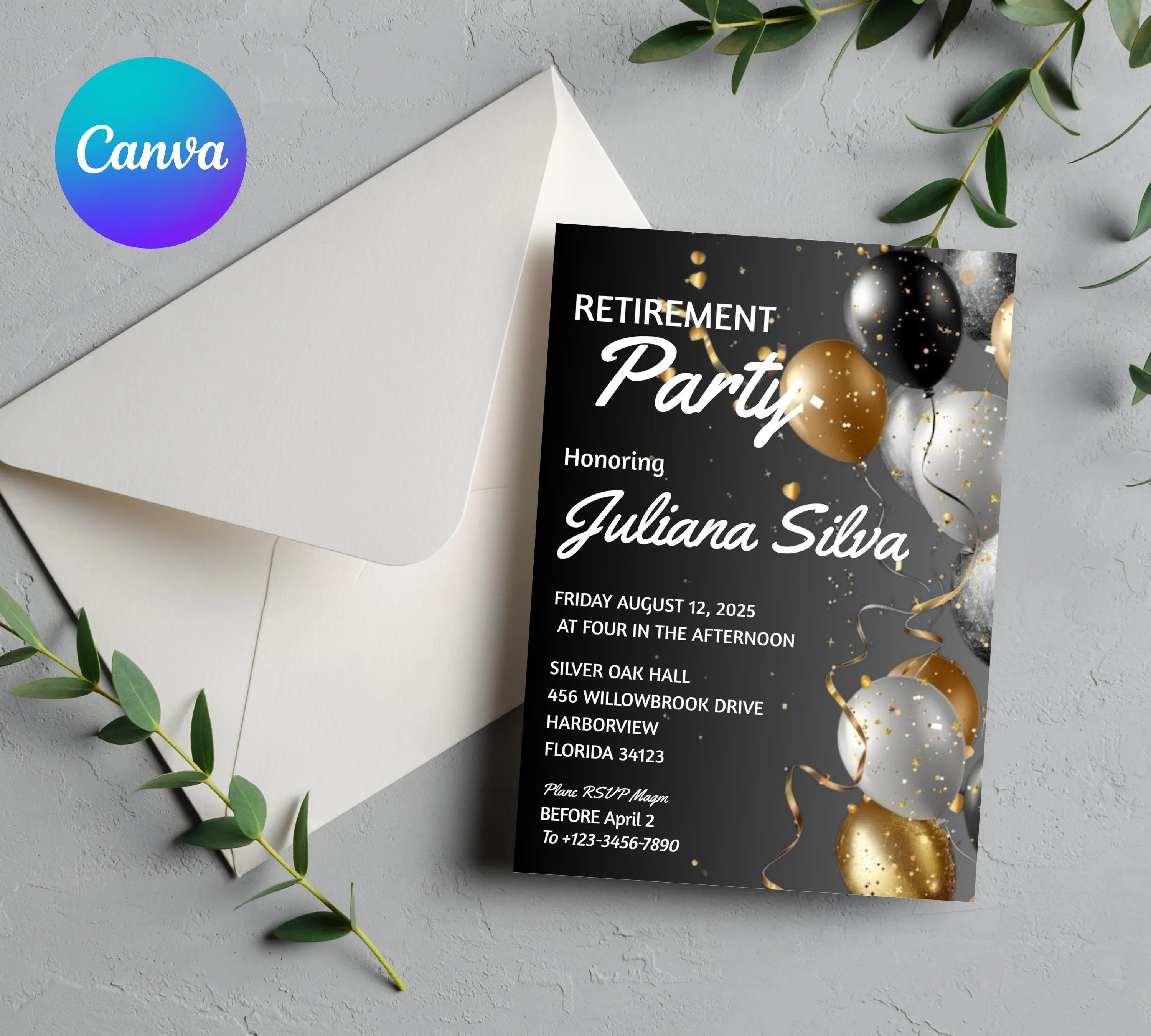 Editable Retirement Party invitation Templates, Elegant gold White Black + Silver Balloons, Retirement Invitation, Work Retire Mens Womens