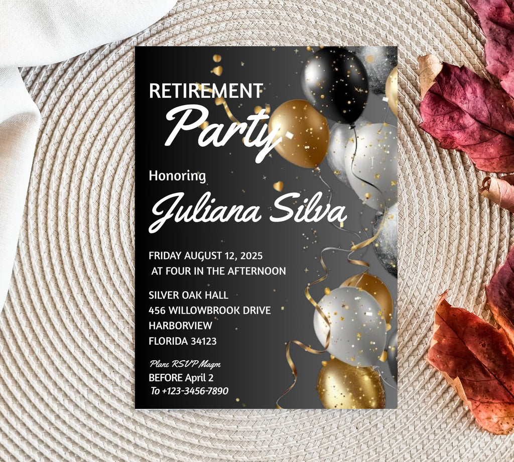 Editable Retirement Party invitation Templates, Elegant gold White Black + Silver Balloons, Retirement Invitation, Work Retire Mens Womens