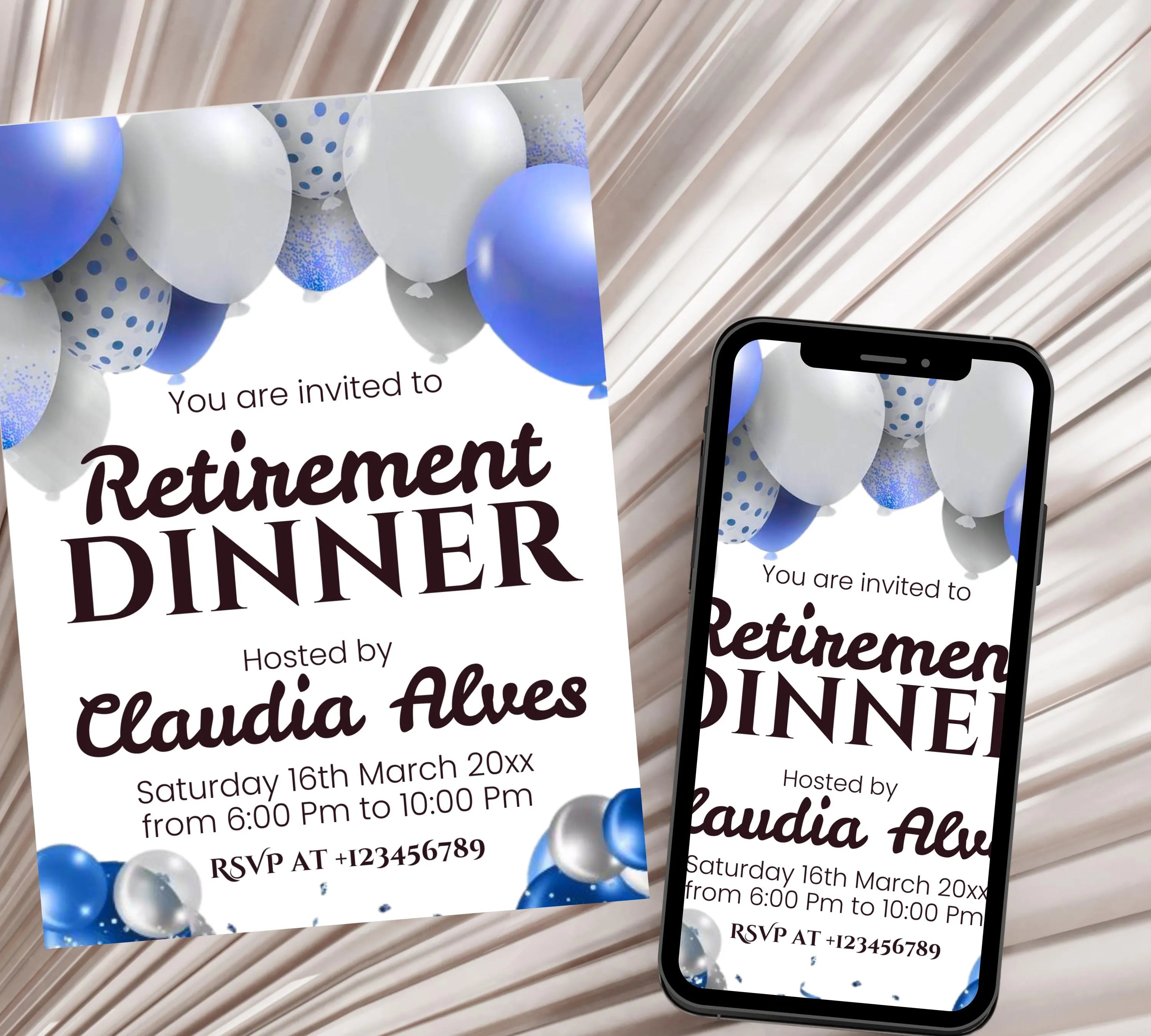 Retirement Party Invitation Templates, Retirement Woman Invite, Elegant Blue White Black + Silver Balloons, Retirement Dinner Invite