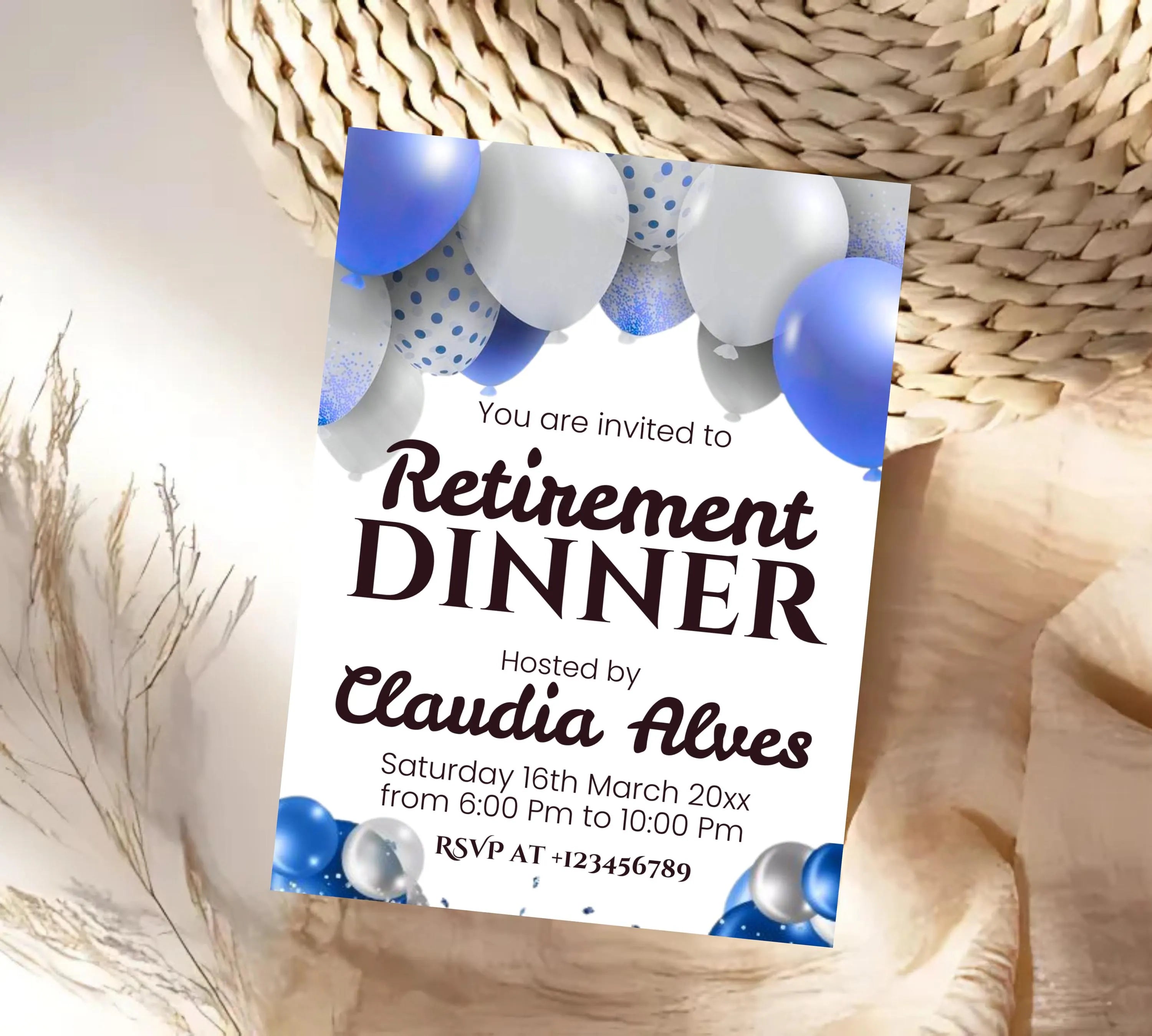 Retirement Party Invitation Templates, Retirement Woman Invite, Elegant Blue White Black + Silver Balloons, Retirement Dinner Invite