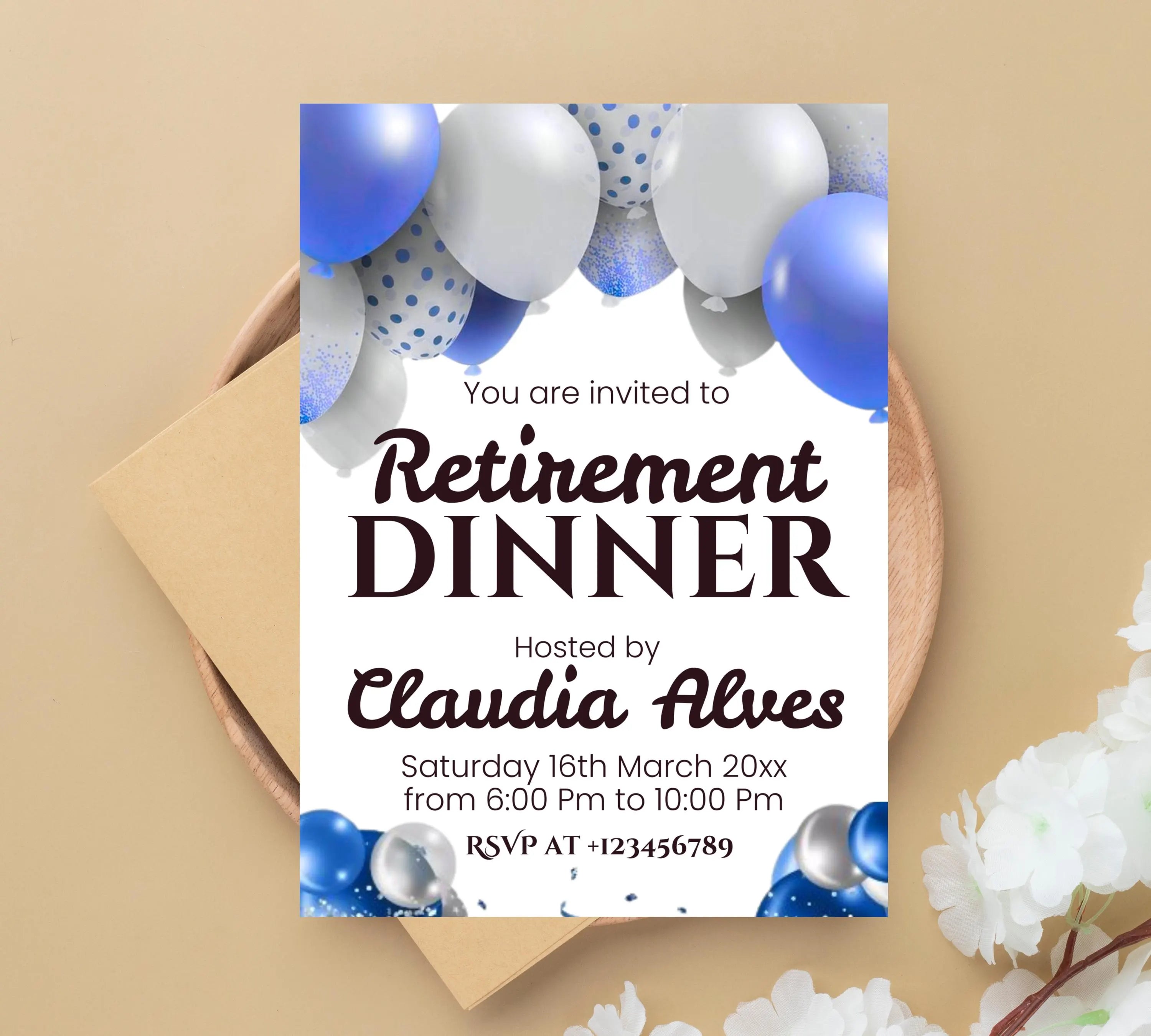 Retirement Party Invitation Templates, Retirement Woman Invite, Elegant Blue White Black + Silver Balloons, Retirement Dinner Invite