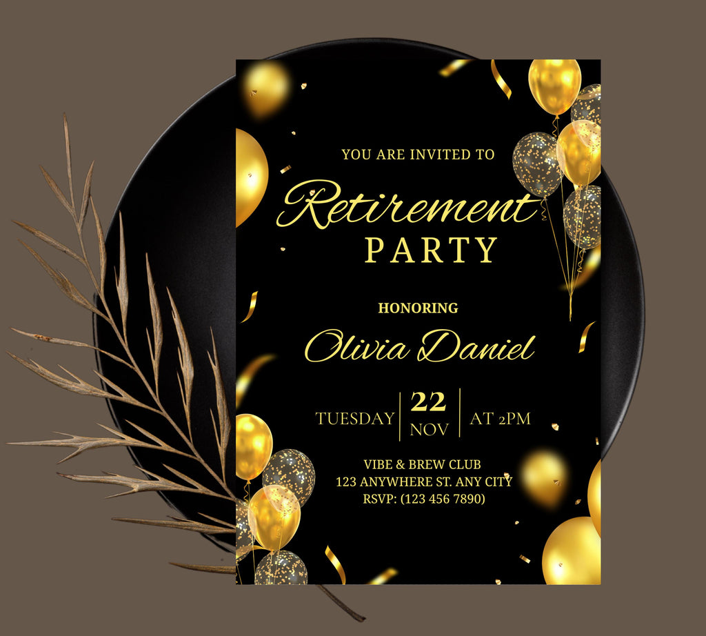 Editable Retirement Party Invitation Template, Retirement Dinner Elegant Black White Gold Sparkle Glitter, Retirement Party It's a Surprise