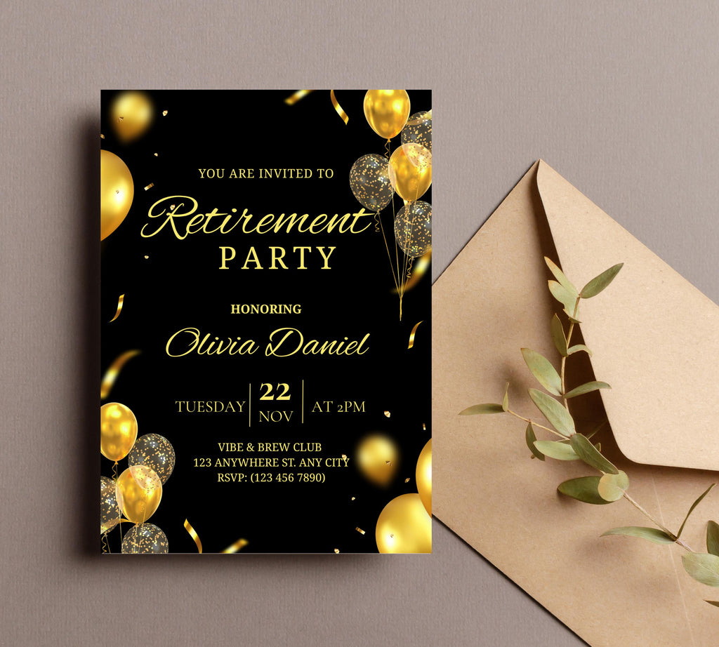 Editable Retirement Party Invitation Template, Retirement Dinner Elegant Black White Gold Sparkle Glitter, Retirement Party It's a Surprise