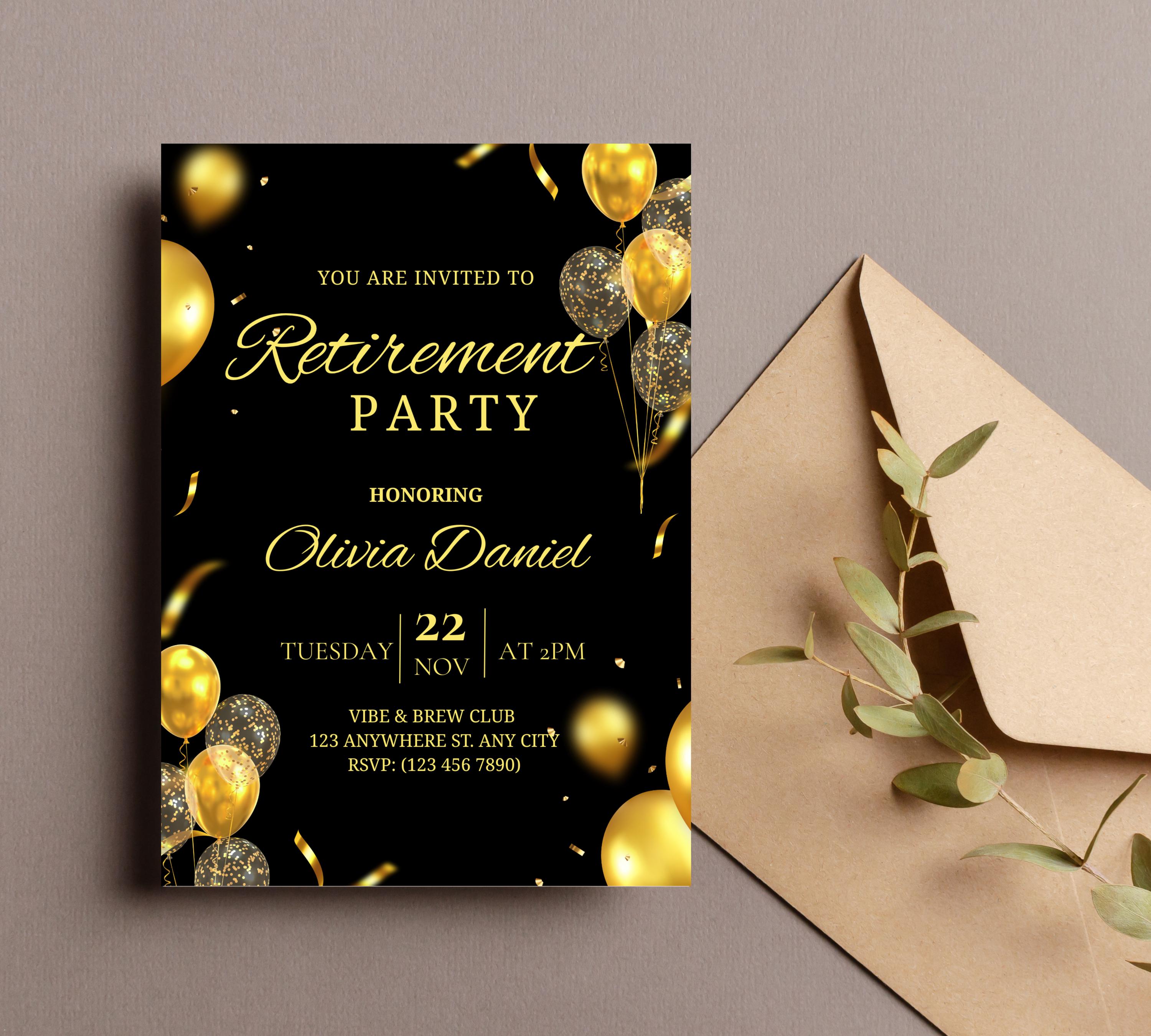 Editable Retirement Party Invitation Template, Retirement Dinner Elegant Black White Gold Sparkle Glitter, Retirement Party It's a Surprise