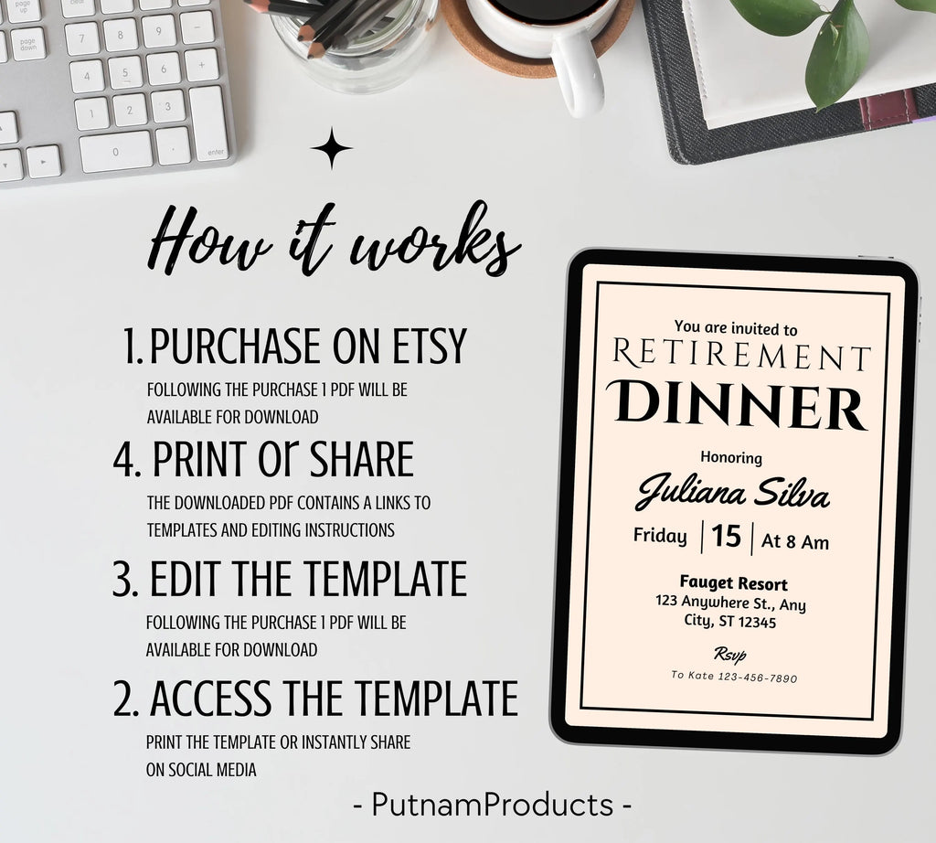 Editable Retirement Party Invitation Template, Work Retire Mens Womens, Retirement Dinner party Invite, Retirement Invitation